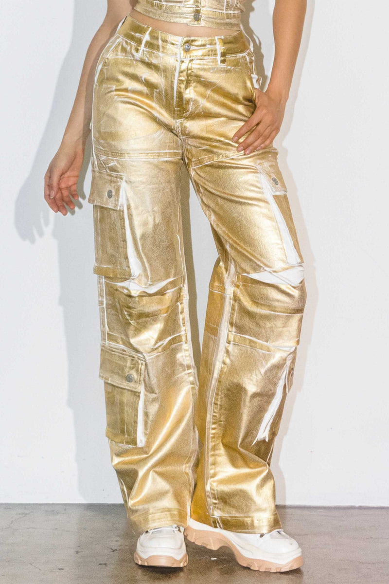 【Anyone more】Barun Golden Cargo Maxi Wide Pants XPT260] Gold Foil Print Baggy Cargo Pants – Vibrant miu