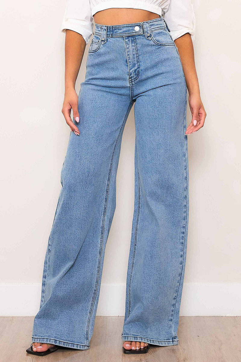 P6146] High-Rise Wide Leg Jeans With Waist Snap Button