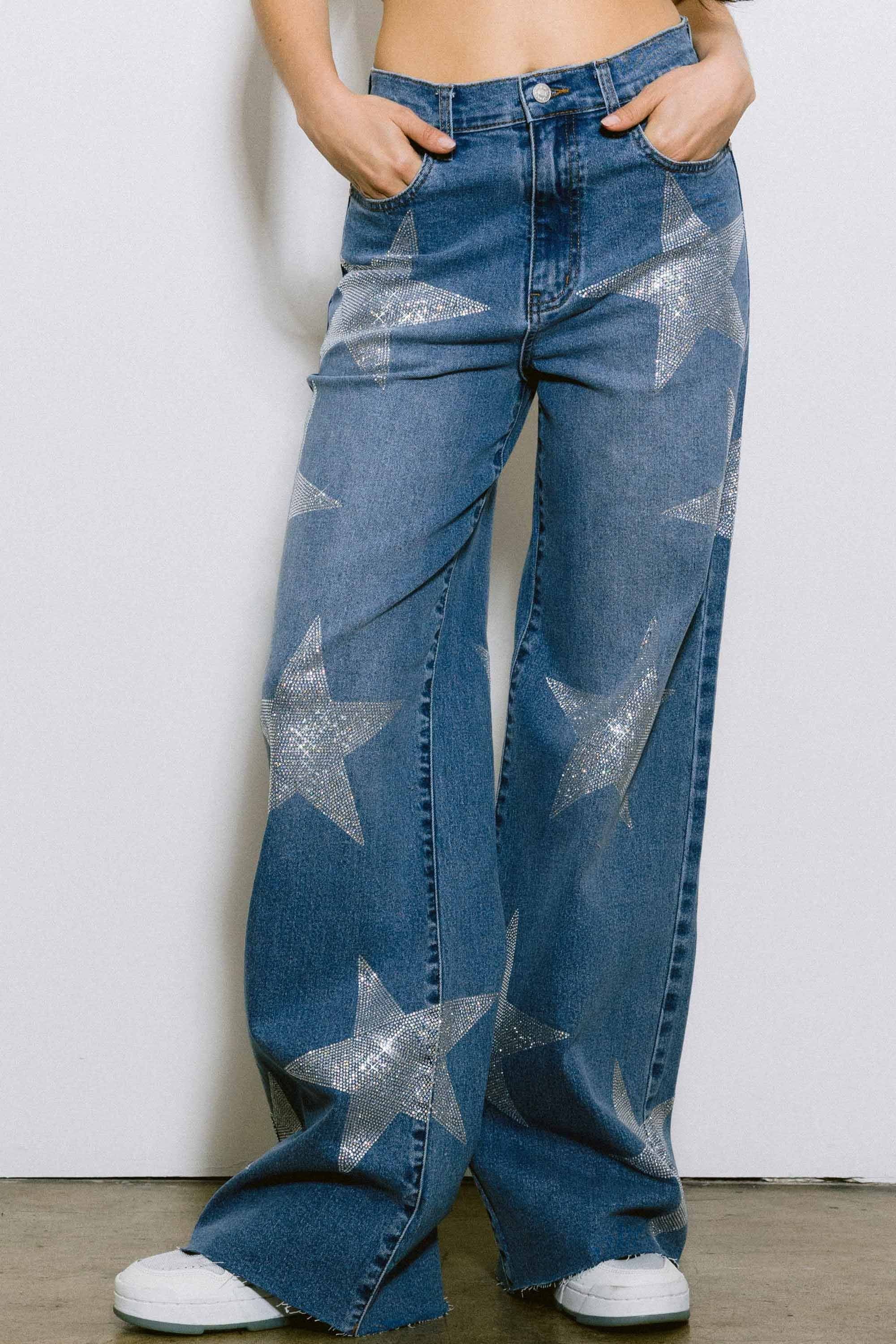 EP5157] Stars Rhinestone Wide Jeans – Vibrant miu