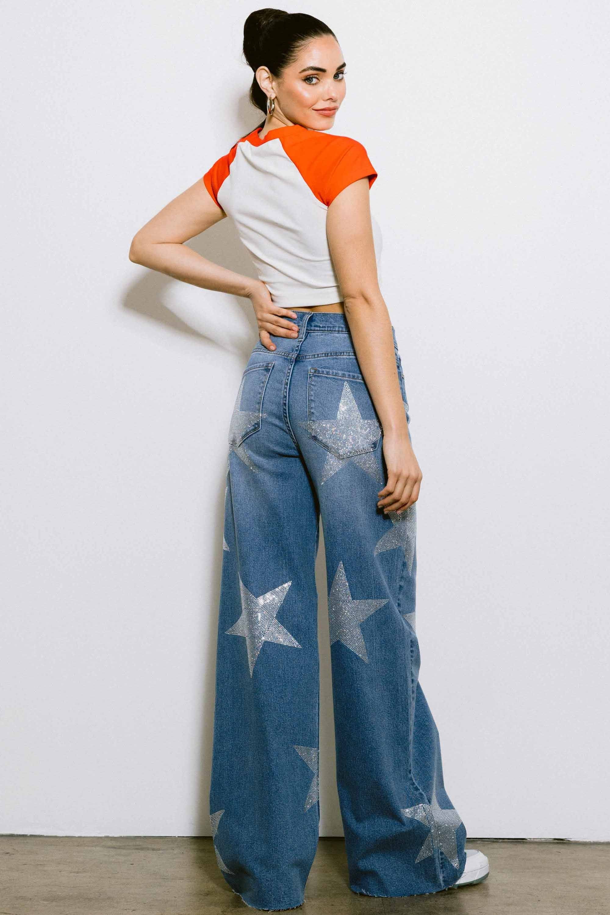 EP5157] Stars Rhinestone Wide Jeans – Vibrant miu