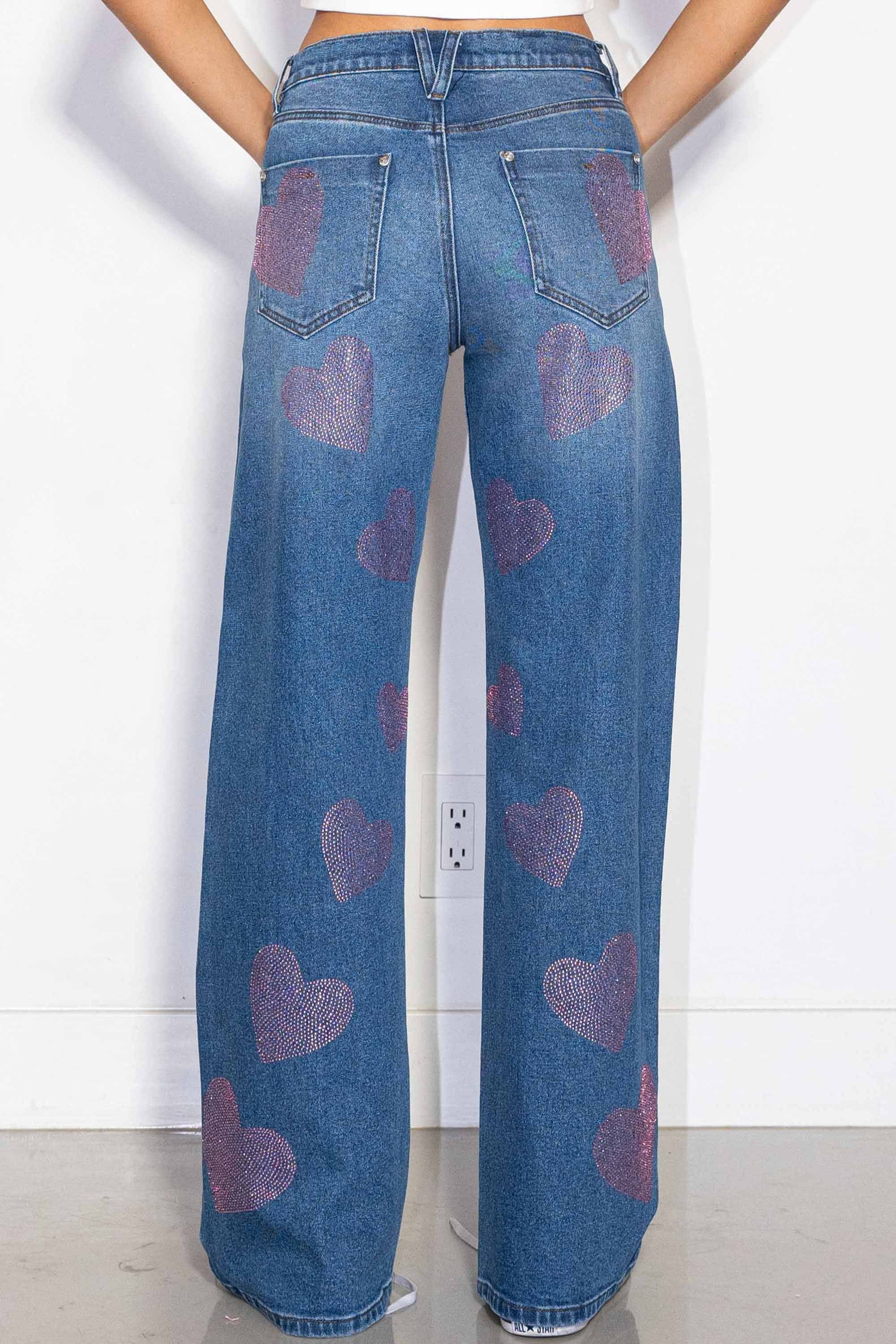 Heart Rhinestone Crossed Waist Wide Leg Jeans – Vibrant miu