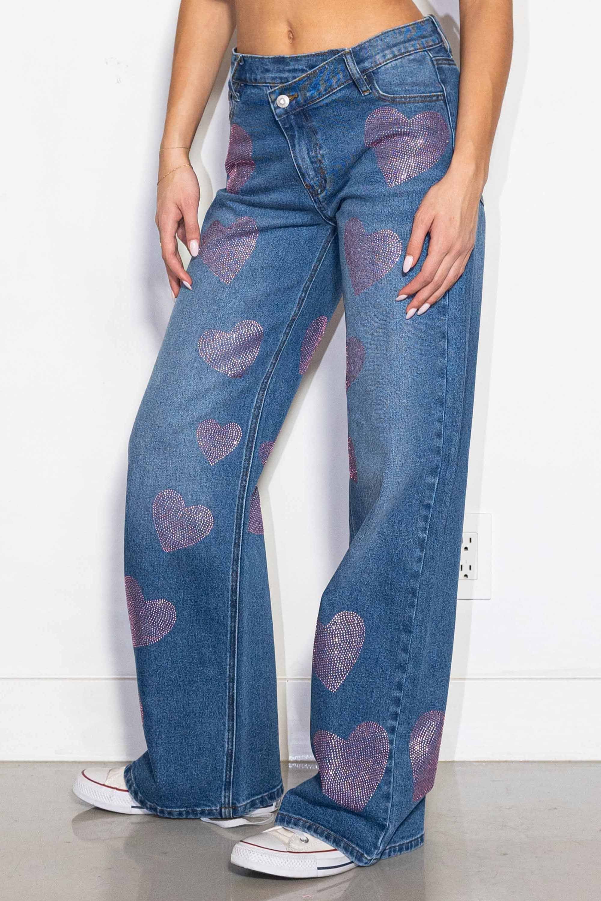 Heart Rhinestone Crossed Waist Wide Leg Jeans – Vibrant miu