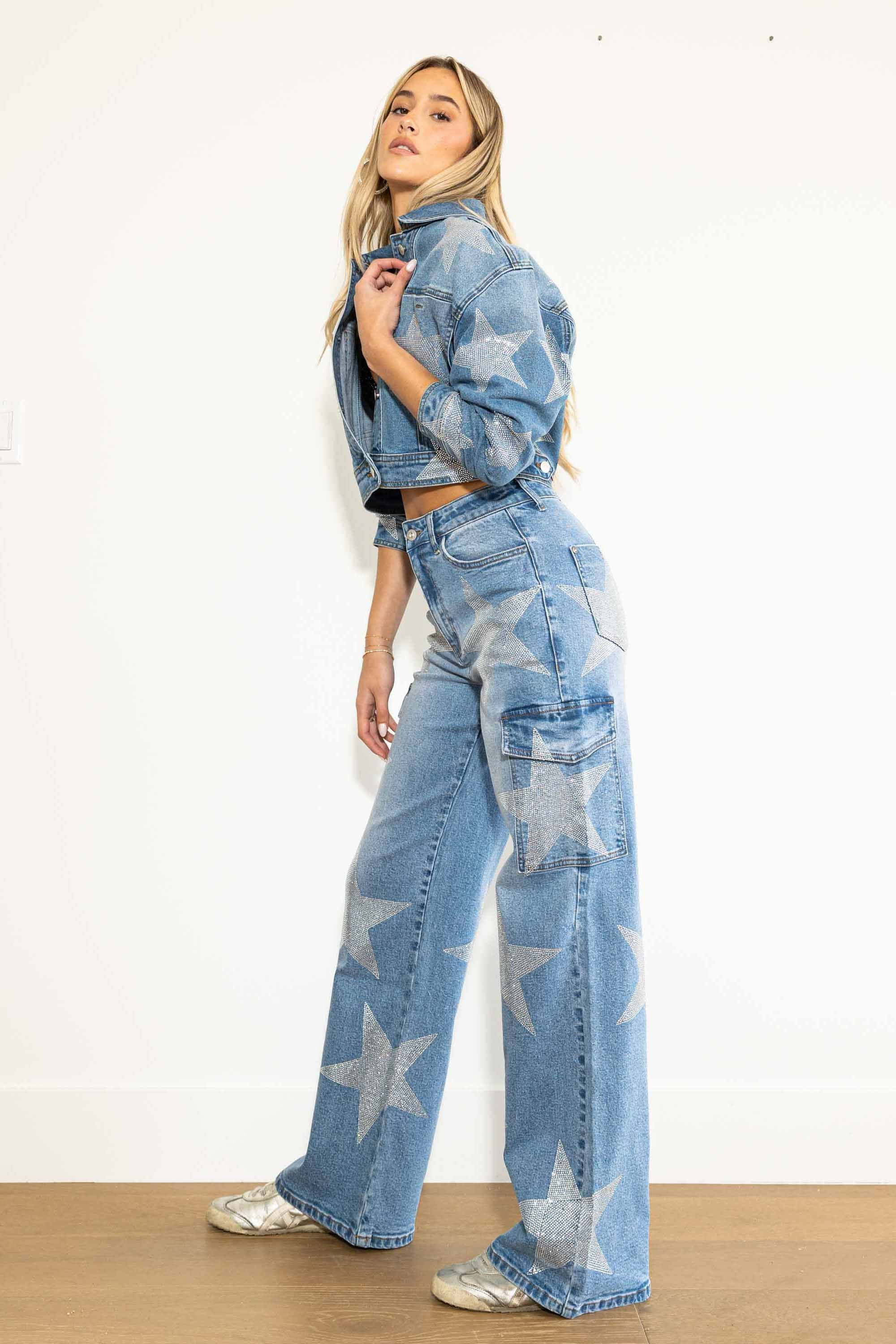 XPT150] Stars Rhinestone Studded Cargo Jeans – Vibrant miu