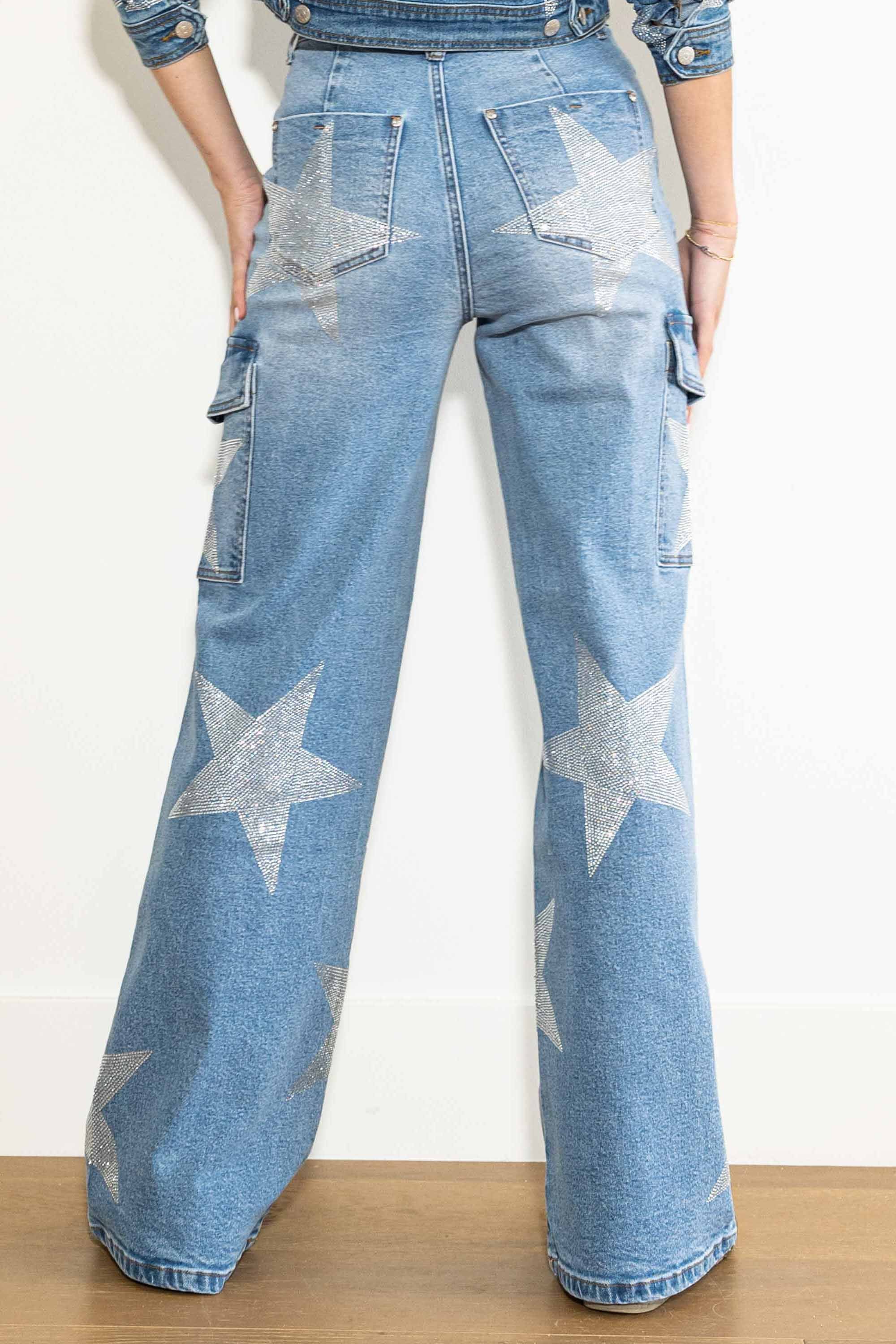 【BAON】Minconi Star Printed Denim Pants XPT150] Stars Rhinestone Studded Cargo Jeans – Vibrant miu