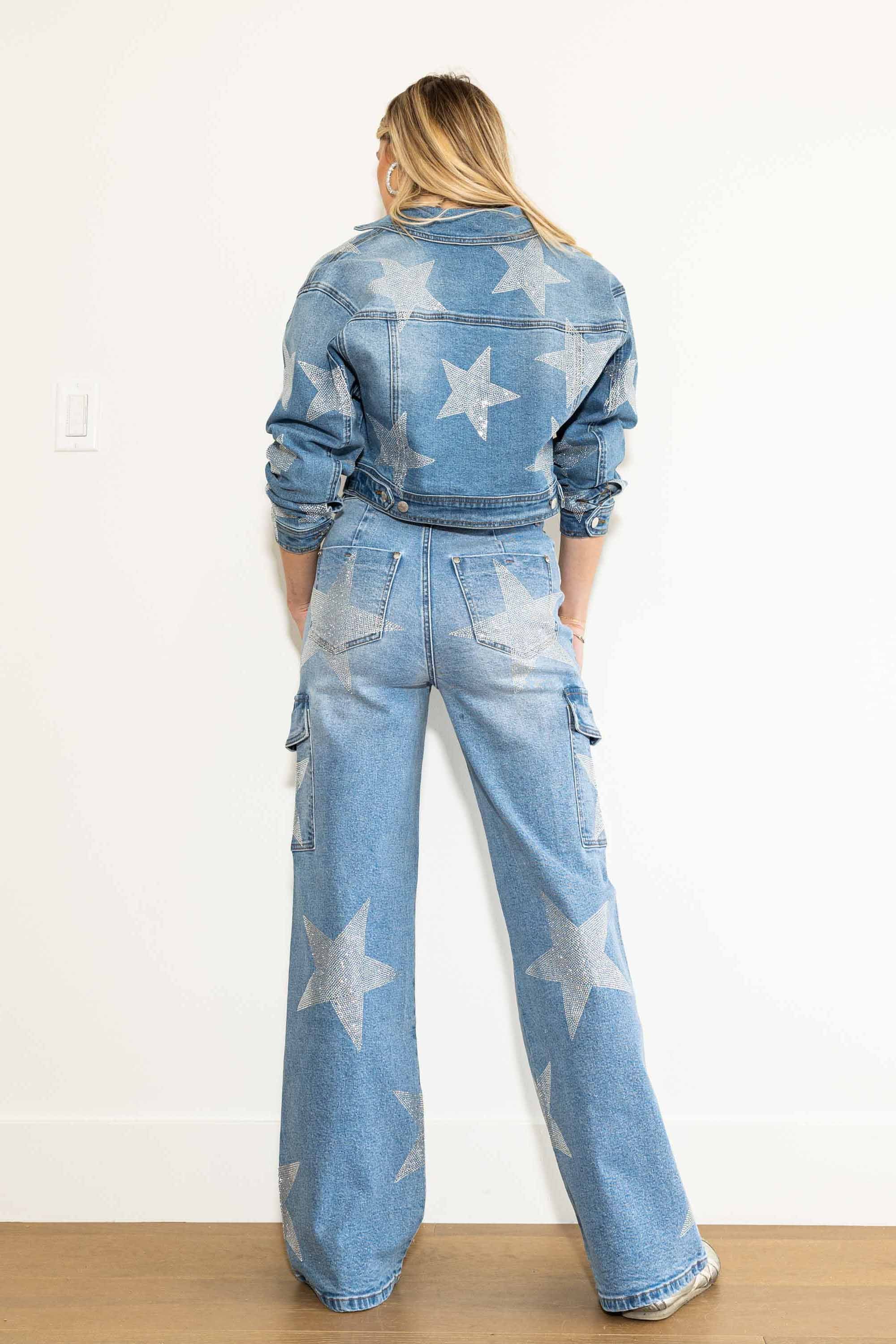 XPT150] Stars Rhinestone Studded Cargo Jeans – Vibrant miu