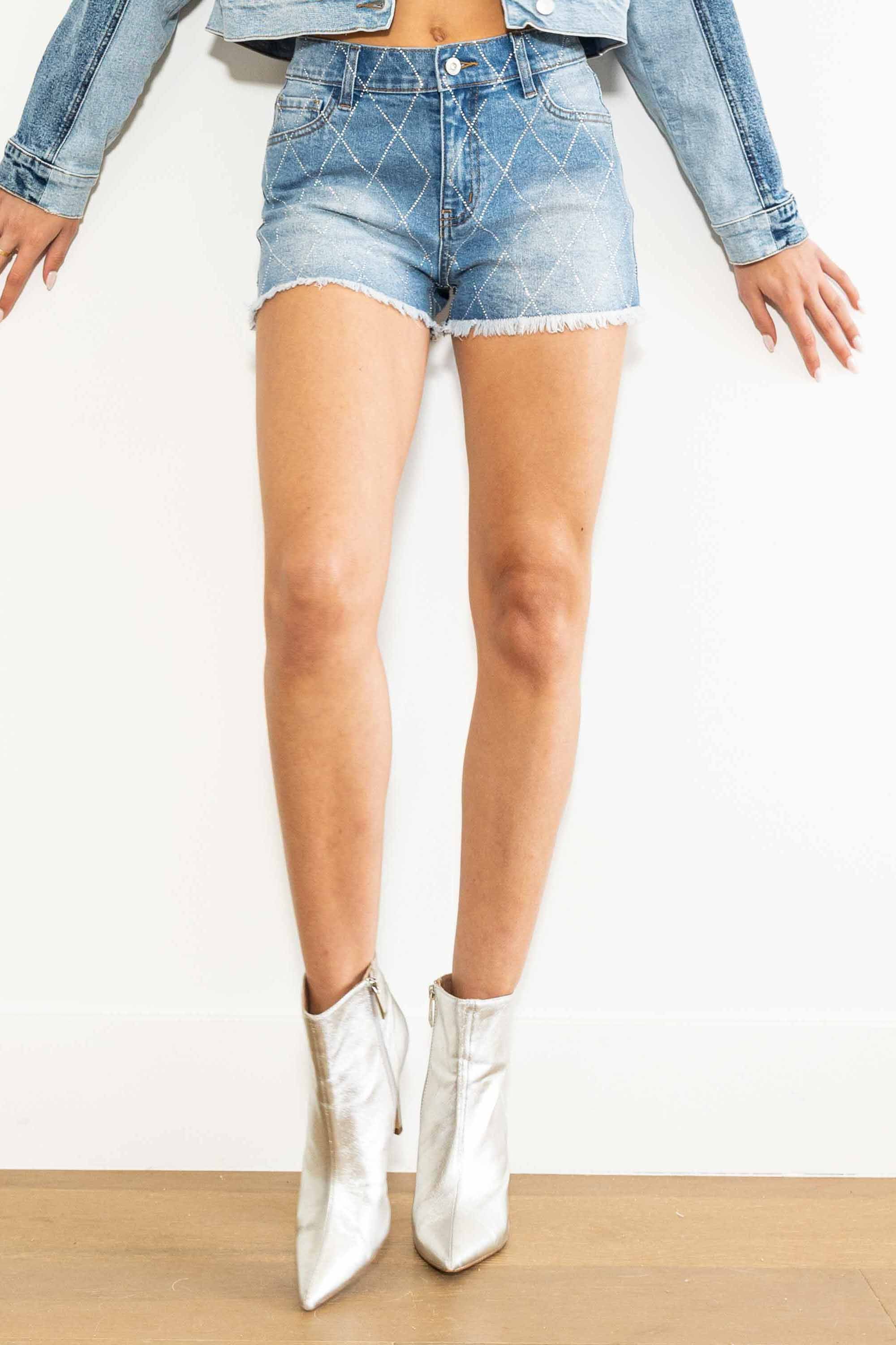 Shine Bright Rhinestone Shorts - Denim