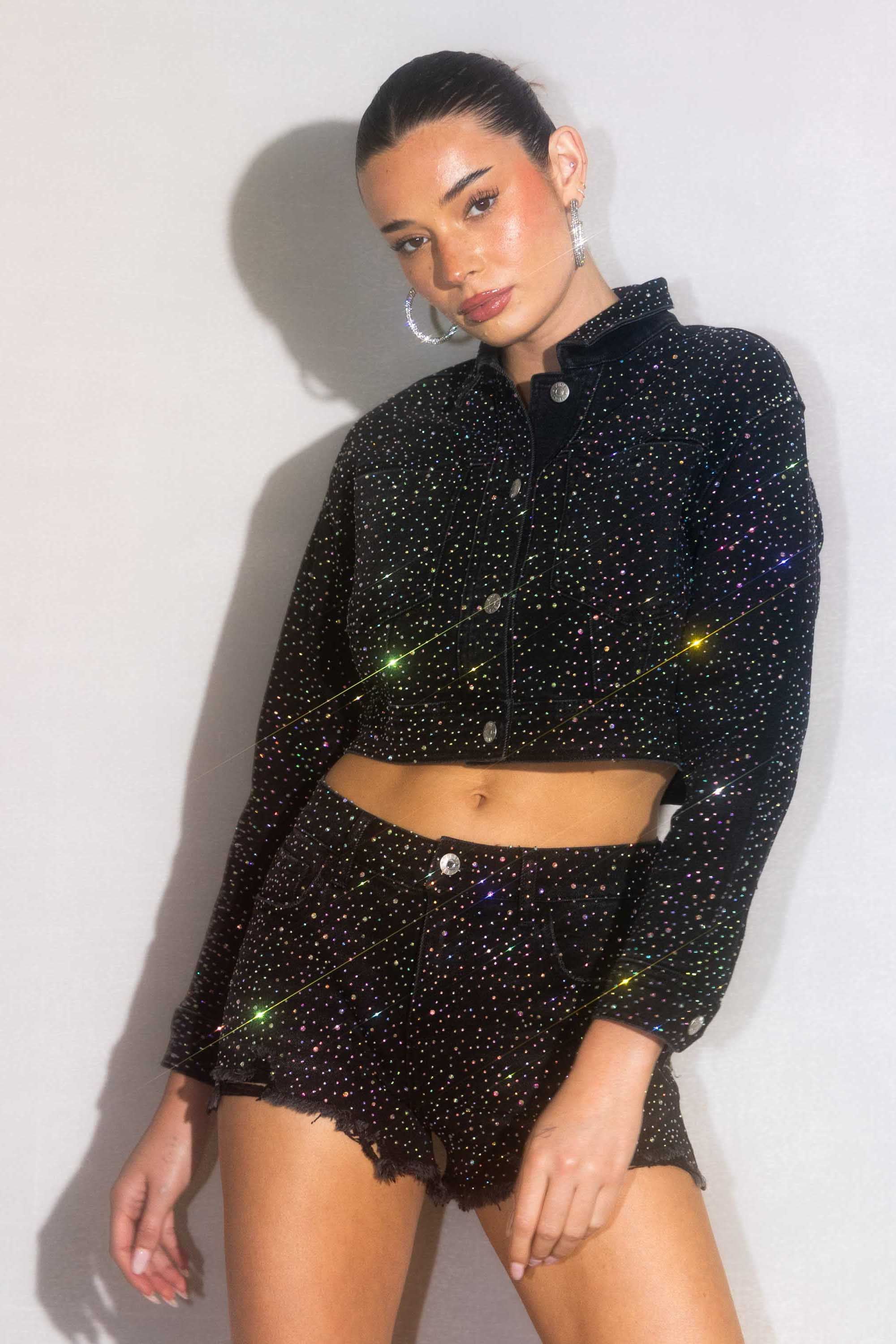 XJK060] Rhinestone Studded Cropped Denim Jacket – Vibrant miu