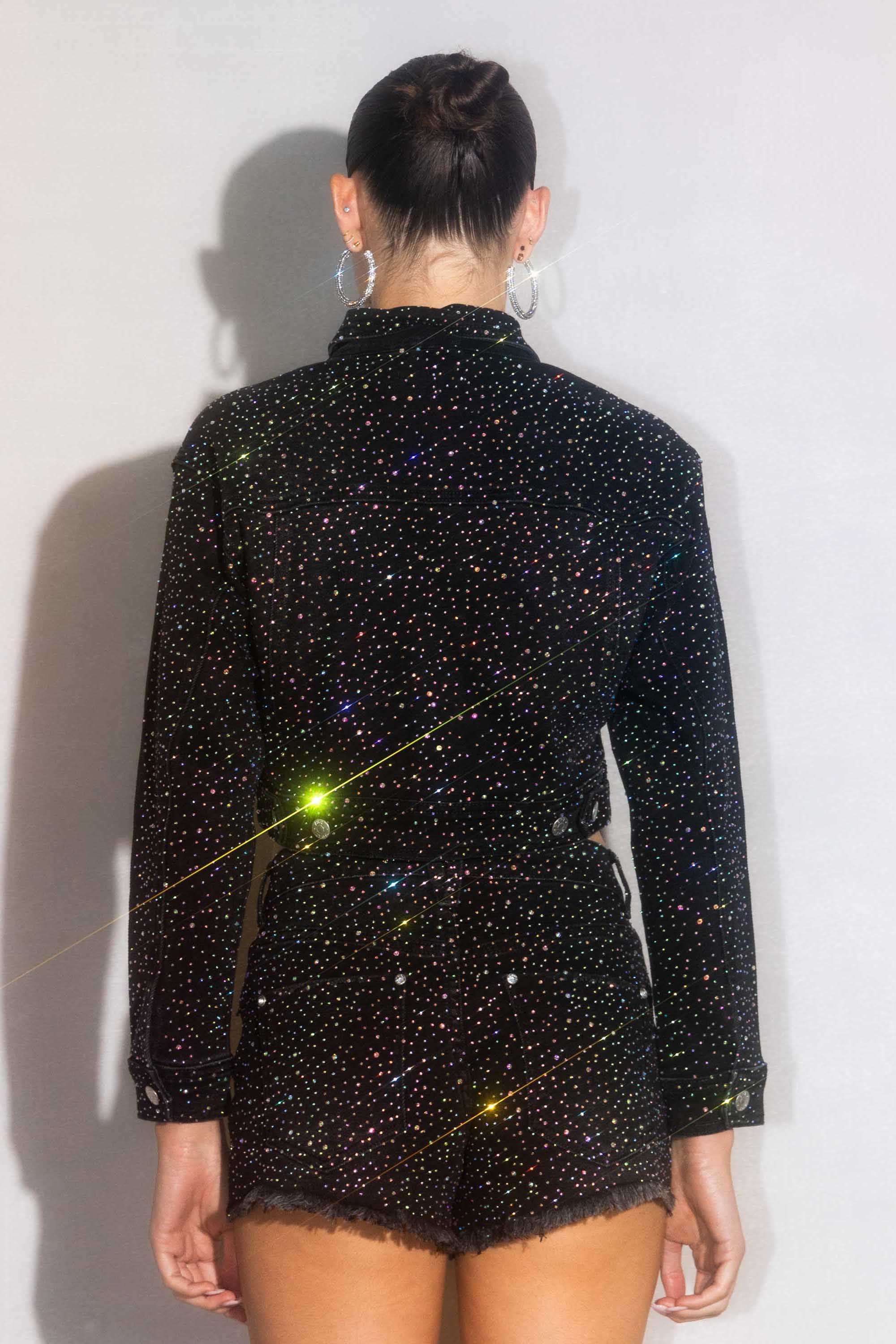 XJK060] Rhinestone Studded Cropped Denim Jacket – Vibrant miu