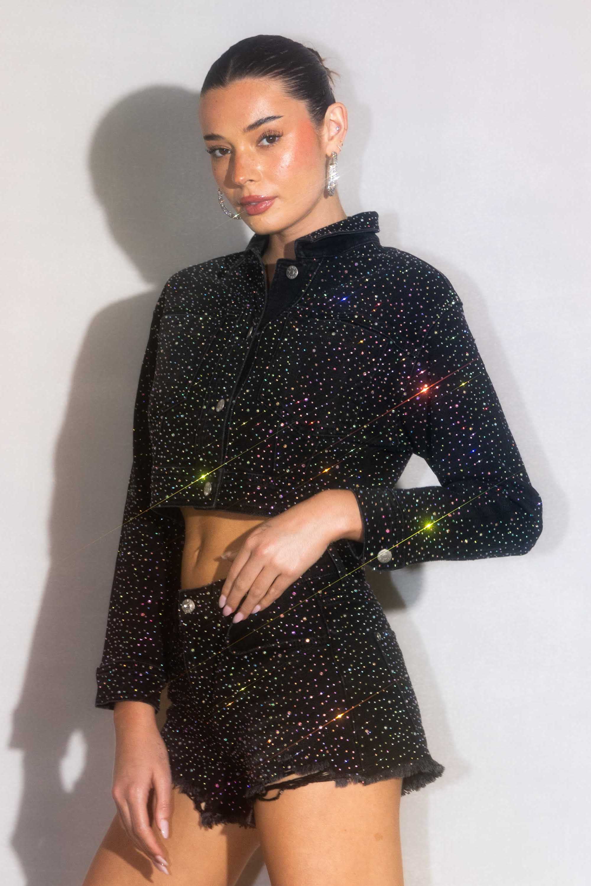 sostenutoジャケット　ブラック　44 S スワロフスキー XJK060] Rhinestone Studded Cropped Denim Jacket – Vibrant miu