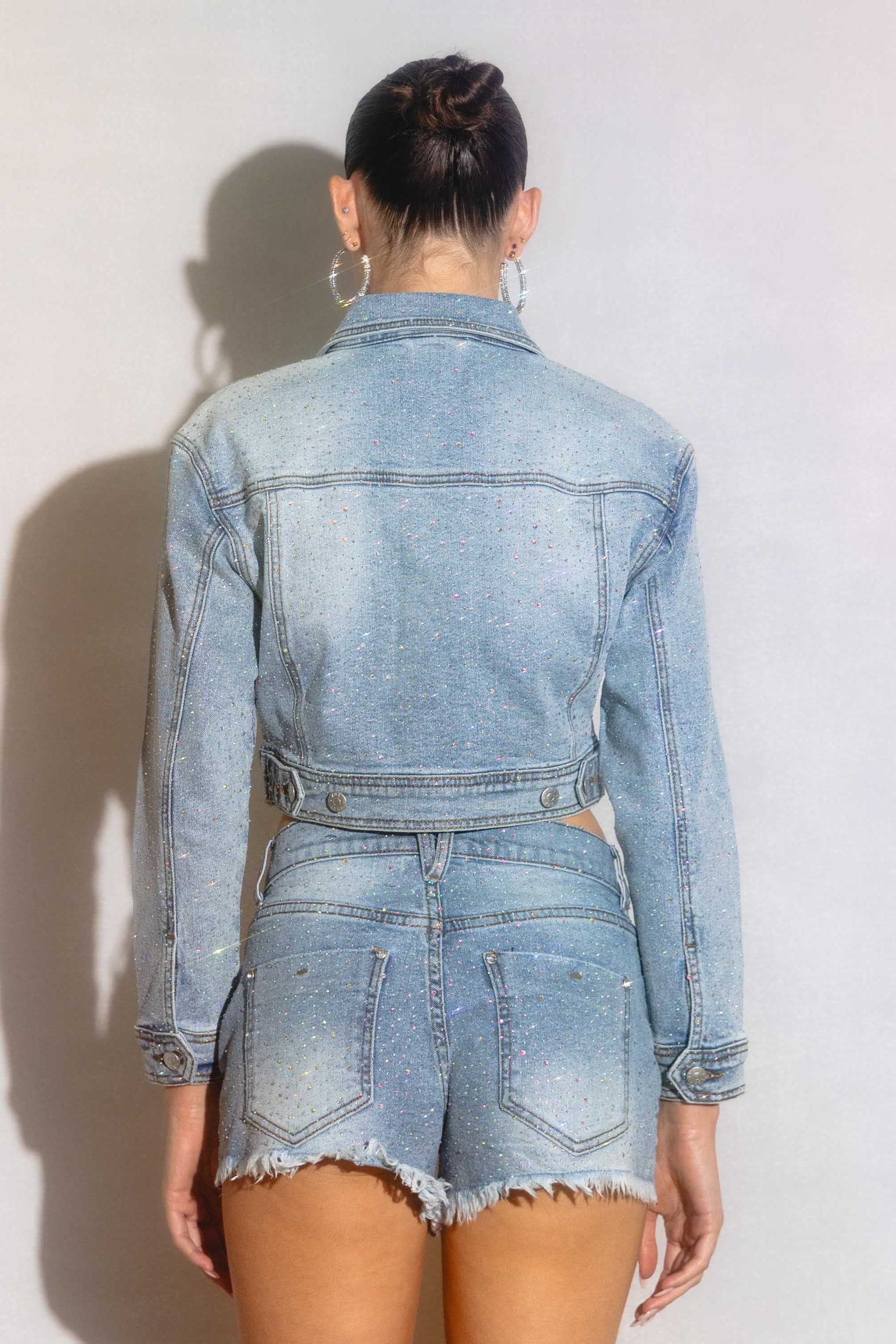 XJK060] Rhinestone Studded Cropped Denim Jacket – Vibrant miu