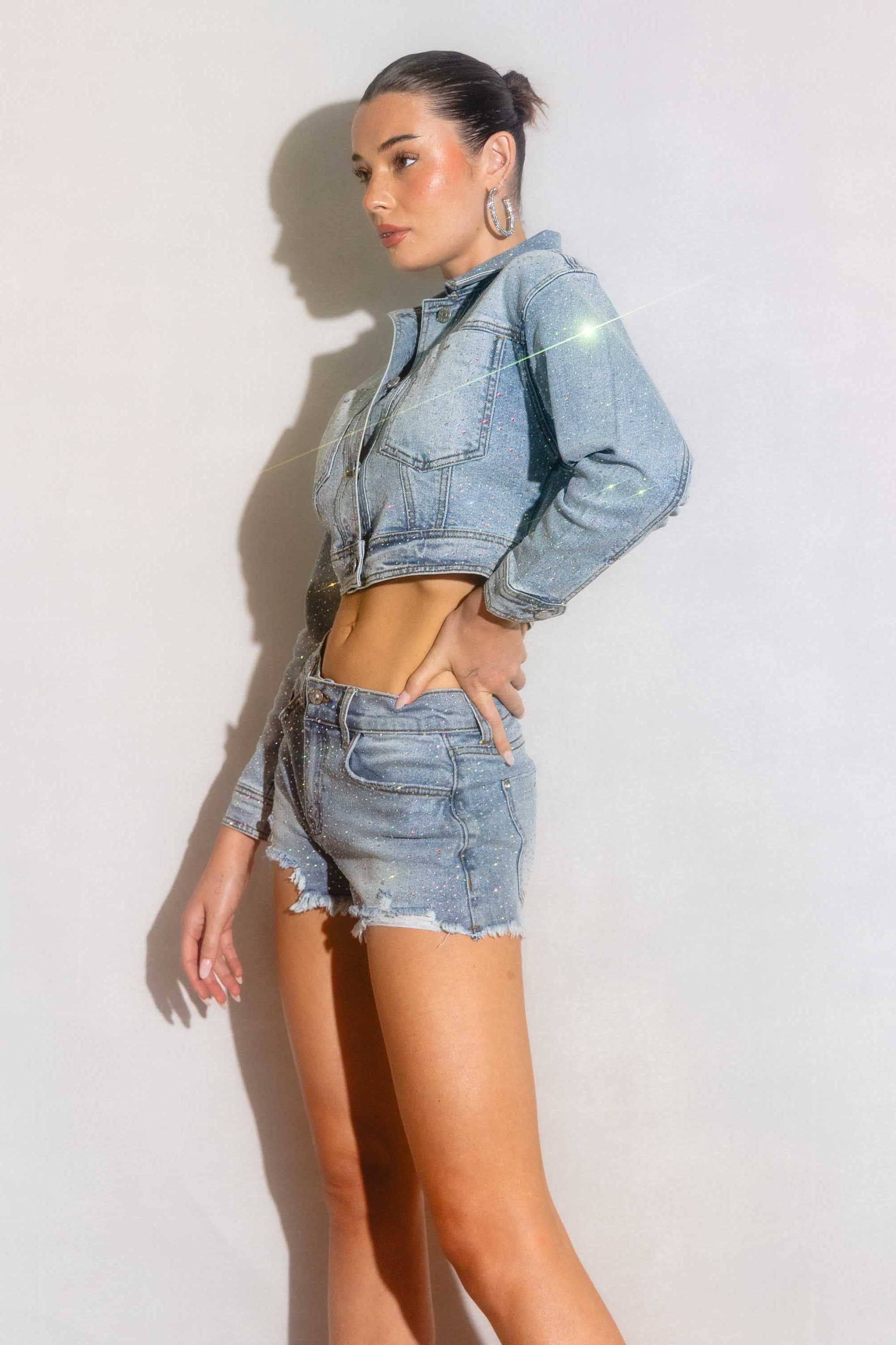 XJK060] Rhinestone Studded Cropped Denim Jacket – Vibrant miu