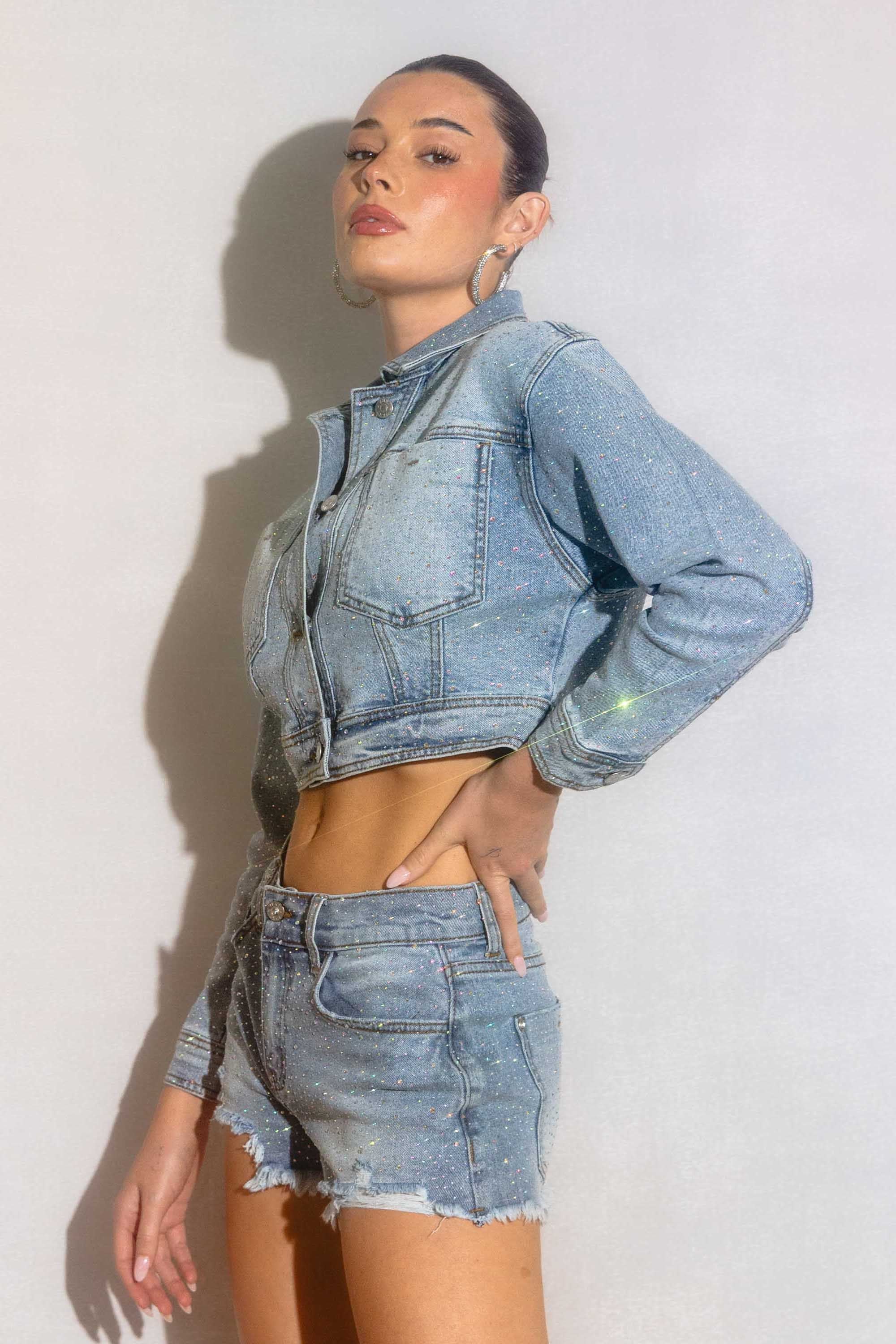 XJK060] Rhinestone Studded Cropped Denim Jacket – Vibrant miu