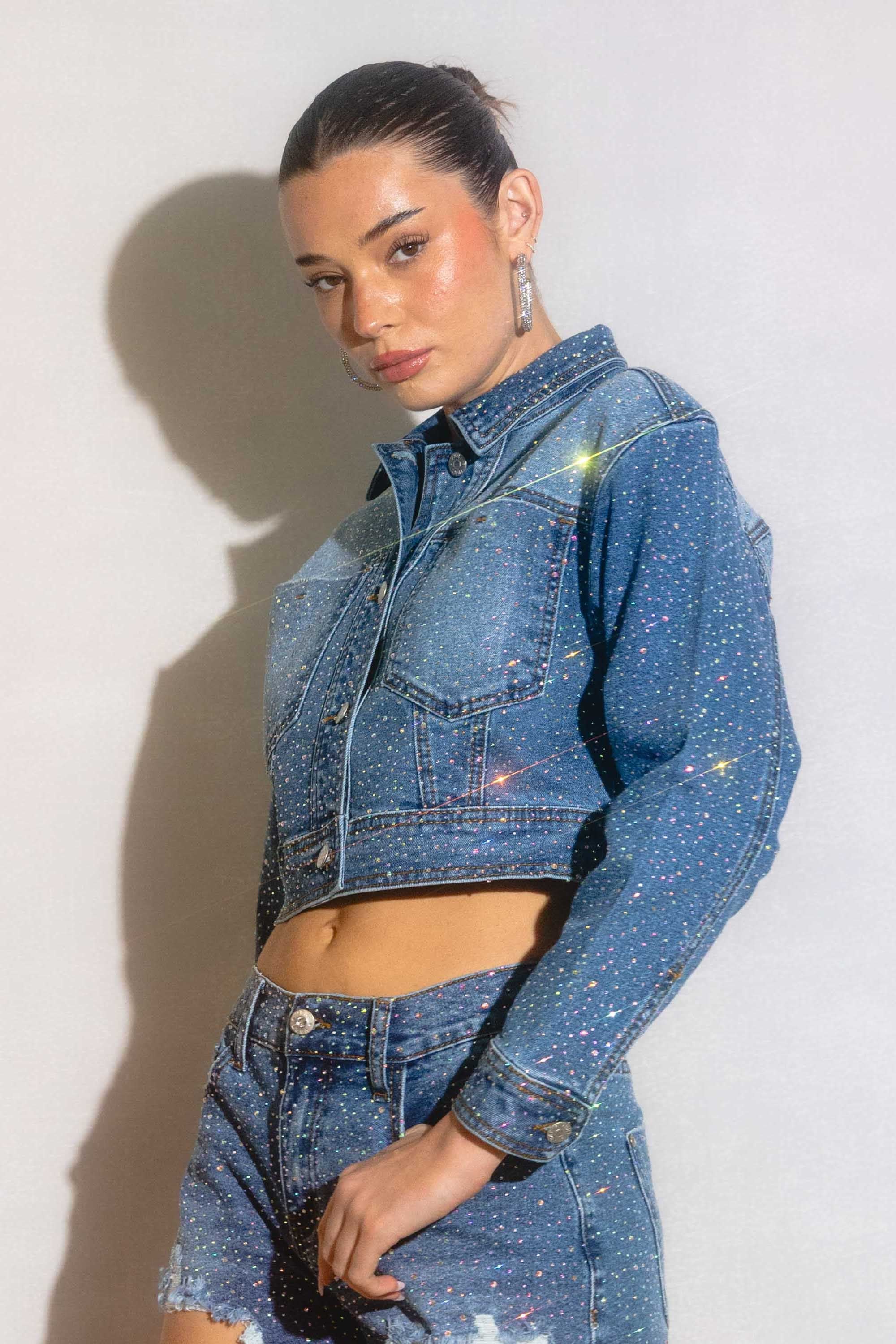 ♡様　BEEDEN L STUDS SEMILOOSE DENIM XJK060] Rhinestone Studded Cropped Denim Jacket – Vibrant miu