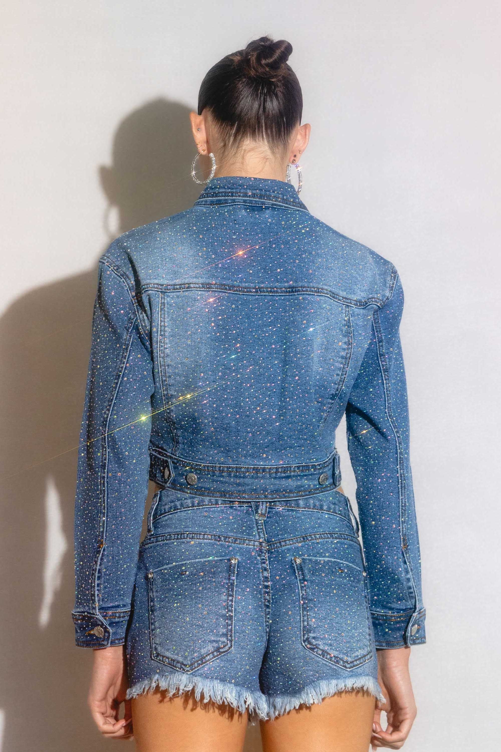 XJK060] Rhinestone Studded Cropped Denim Jacket – Vibrant miu