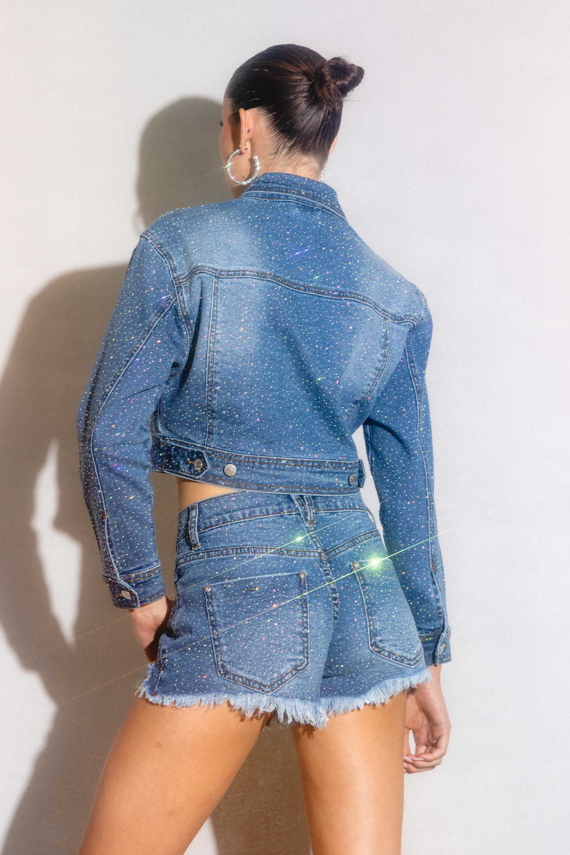 ★E.B.M★ Stonewashed denim shorts EMP2DPT030 XPT284] Rhinestone Studded Mid Rise Denim Shorts – Vibrant miu