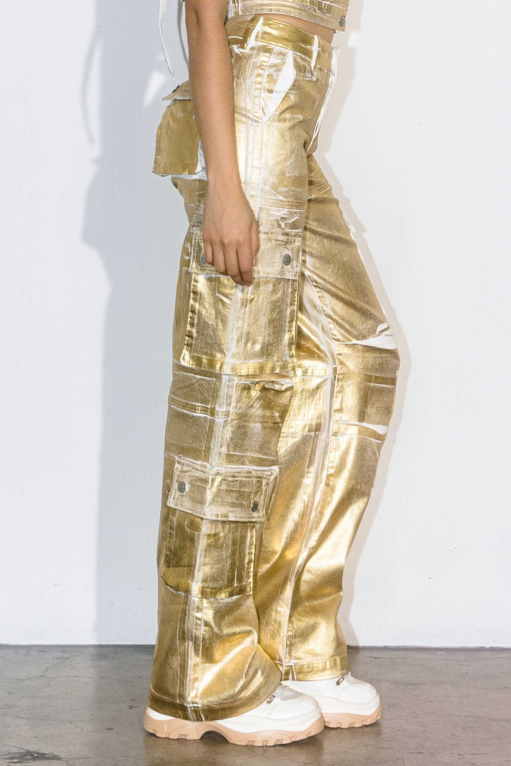 XPT260] Gold Foil Print Baggy Cargo Pants – Vibrant miu