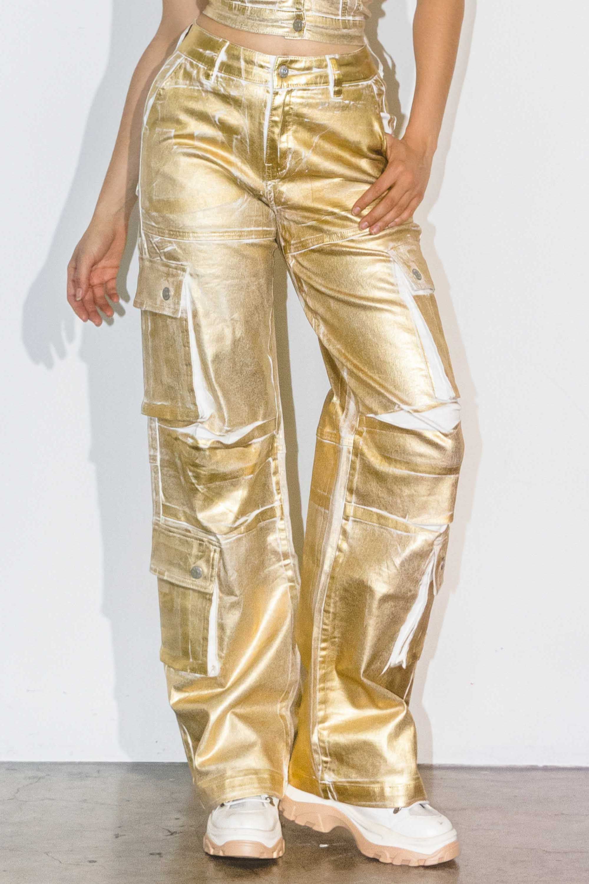 XPT260] Gold Foil Print Baggy Cargo Pants – Vibrant miu
