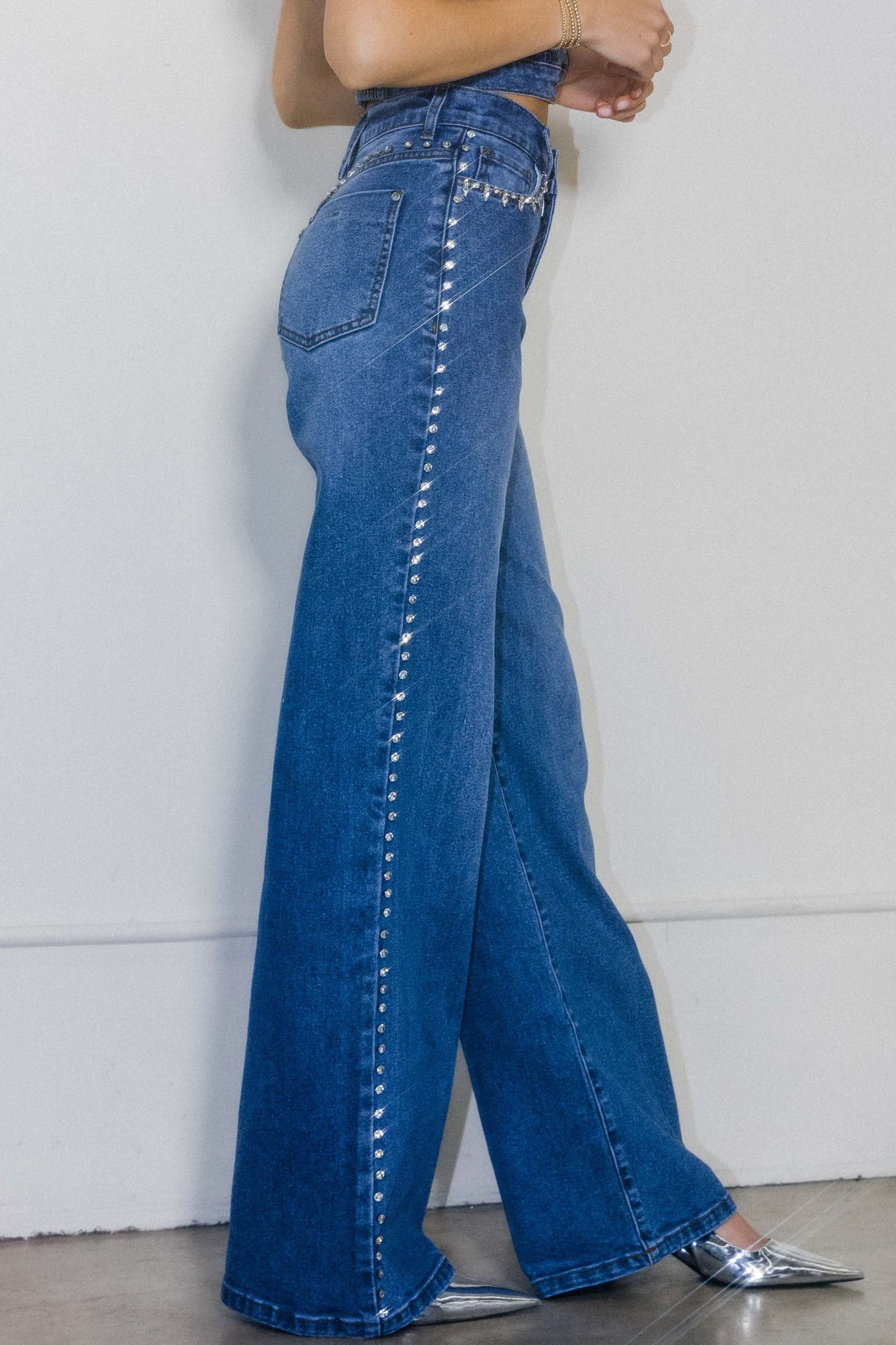 XPT306] Rhinestone High-Rise Wide Leg Jeans – Vibrant miu