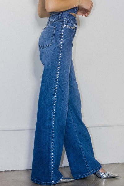 XPT306] Rhinestone High-Rise Wide Leg Jeans – Vibrant miu