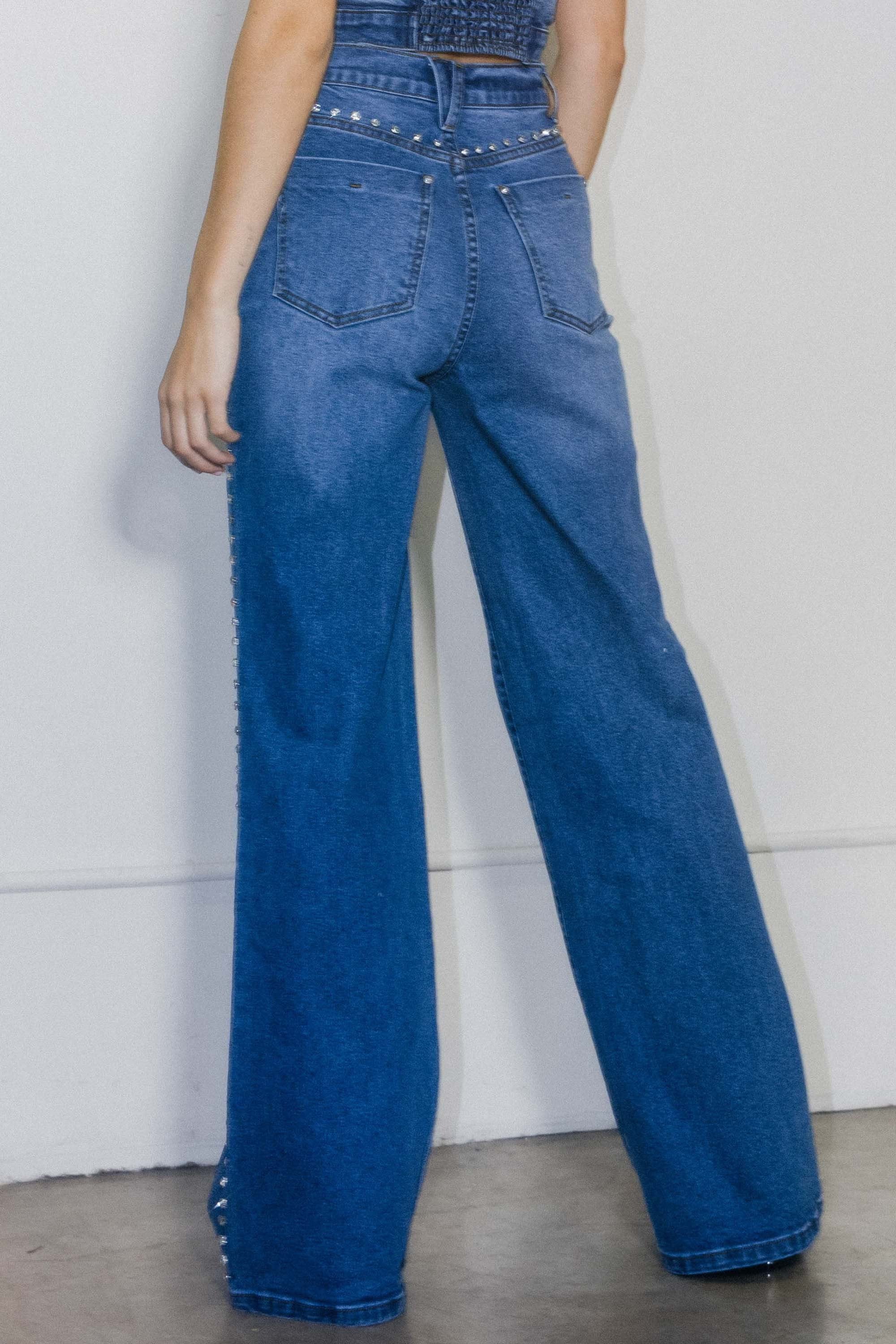 XPT306] Rhinestone High-Rise Wide Leg Jeans – Vibrant miu
