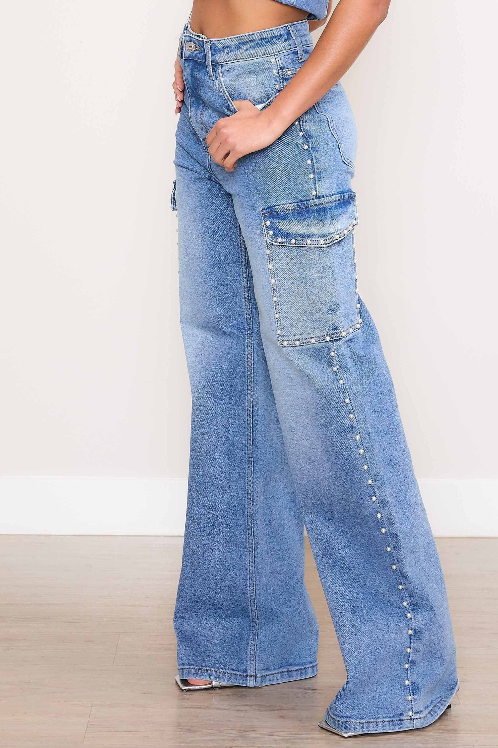 XPT264] Pearl High-Rise Wide Leg Cargo Jeans – Vibrant miu