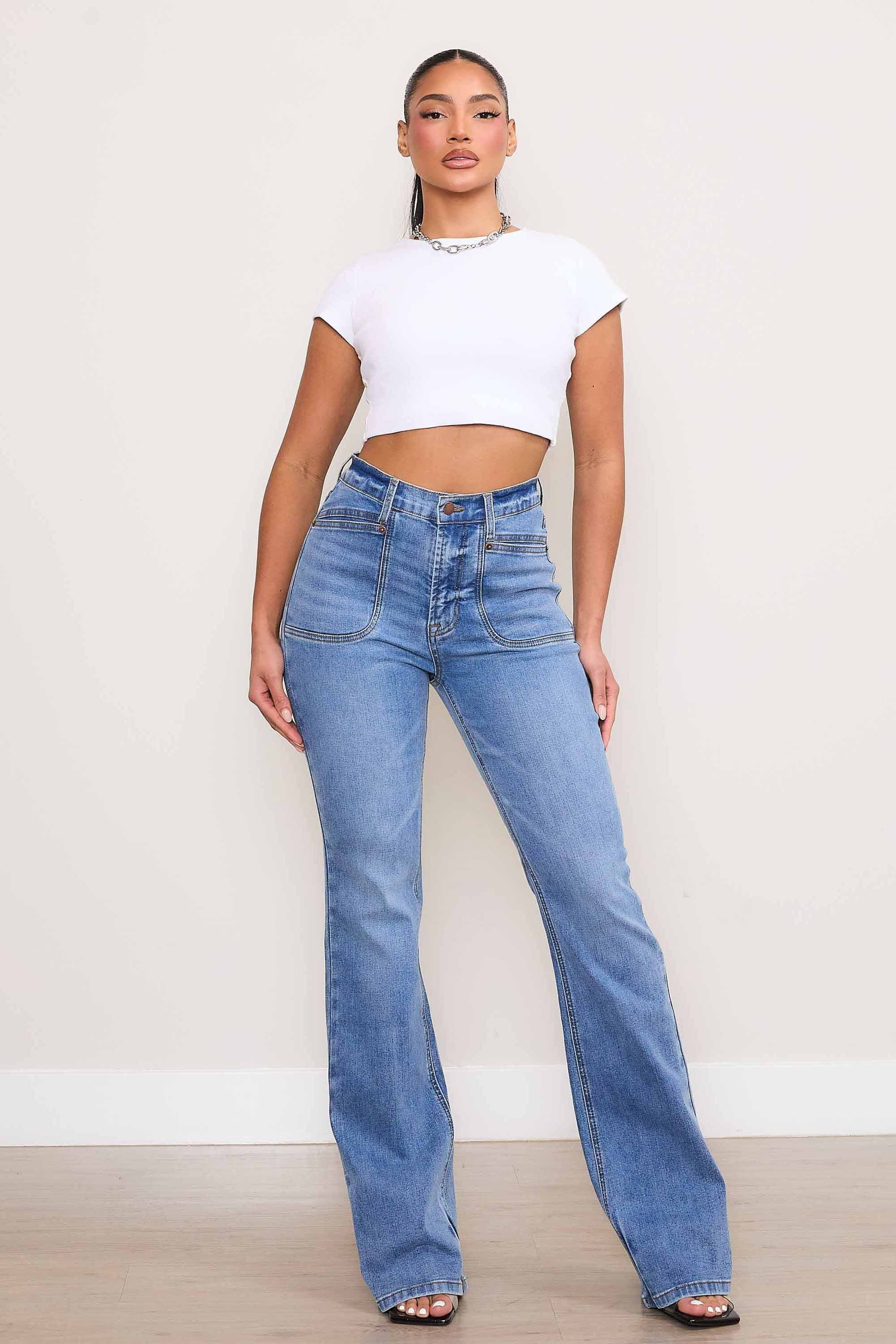 P6084] Square Pocket Bootcut Jeans – Vibrant miu