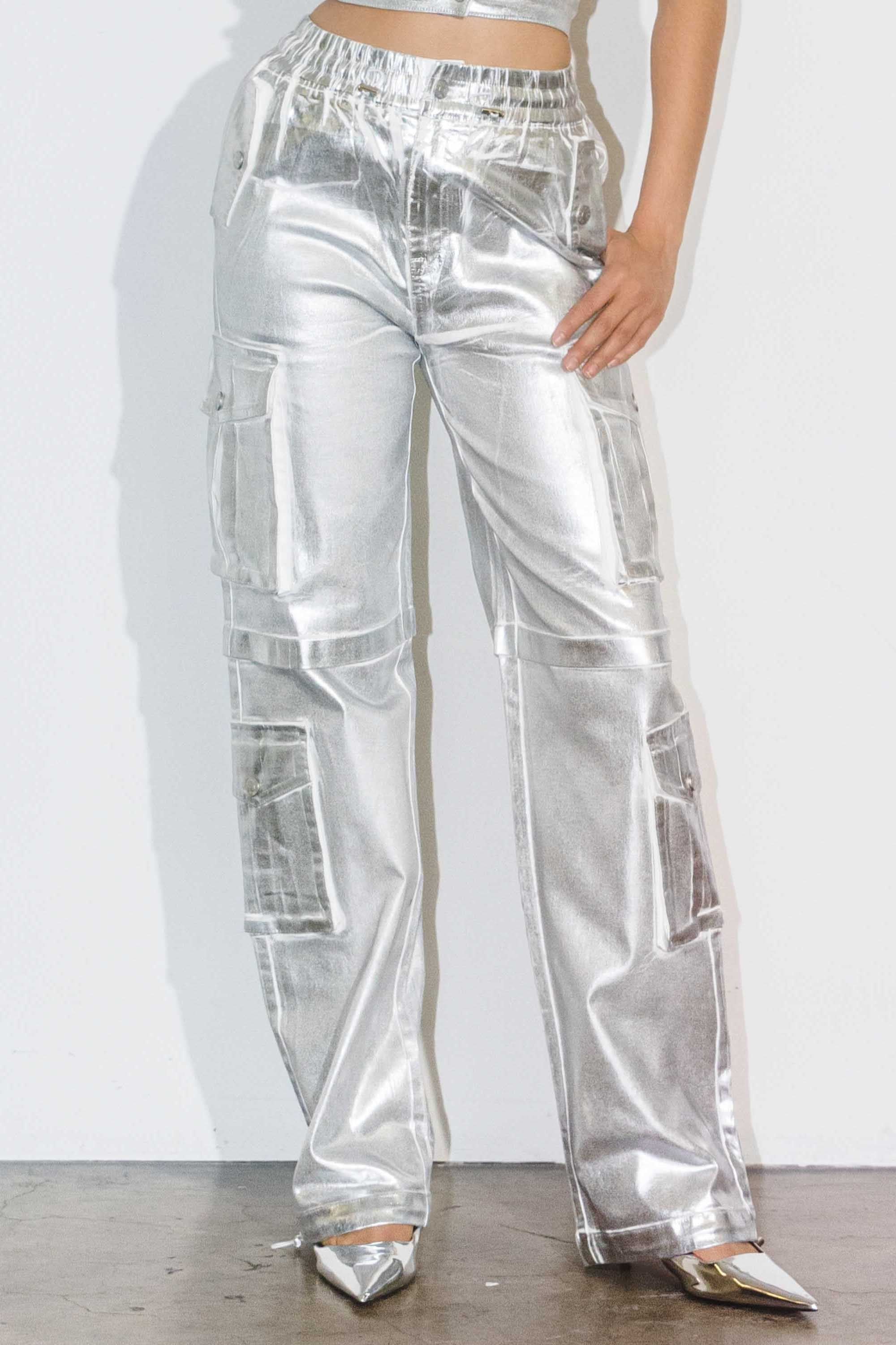 XPT224] Silver Foil Printed Cargo Pants – Vibrant miu