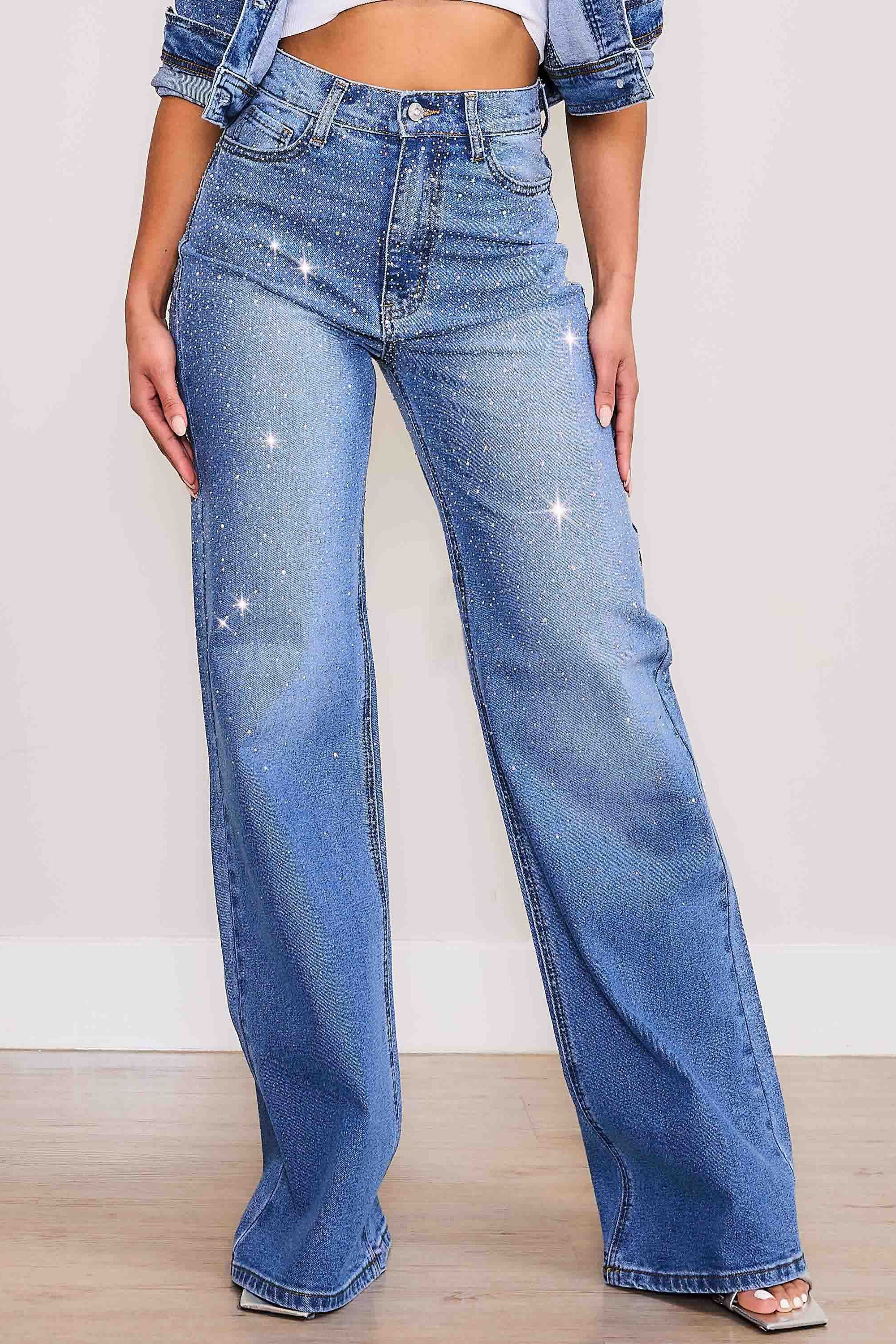 Iridescent Rhinestone High-Rise Wide Leg Jeans