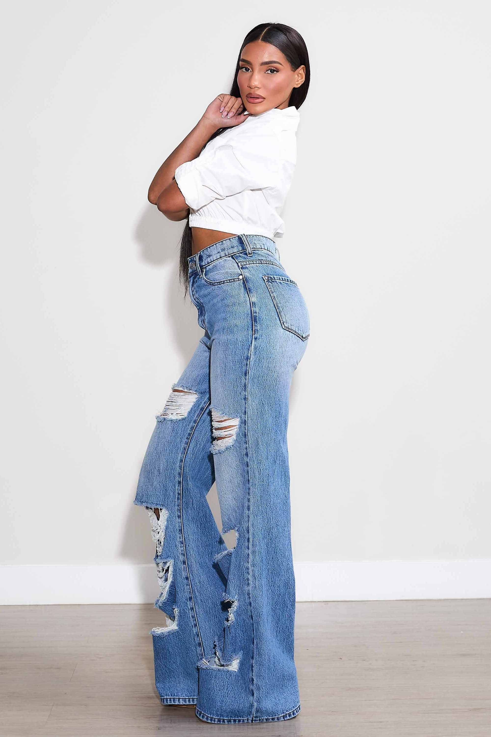 P6088] High-Rise Distressed Wide Leg Jeans – Vibrant miu