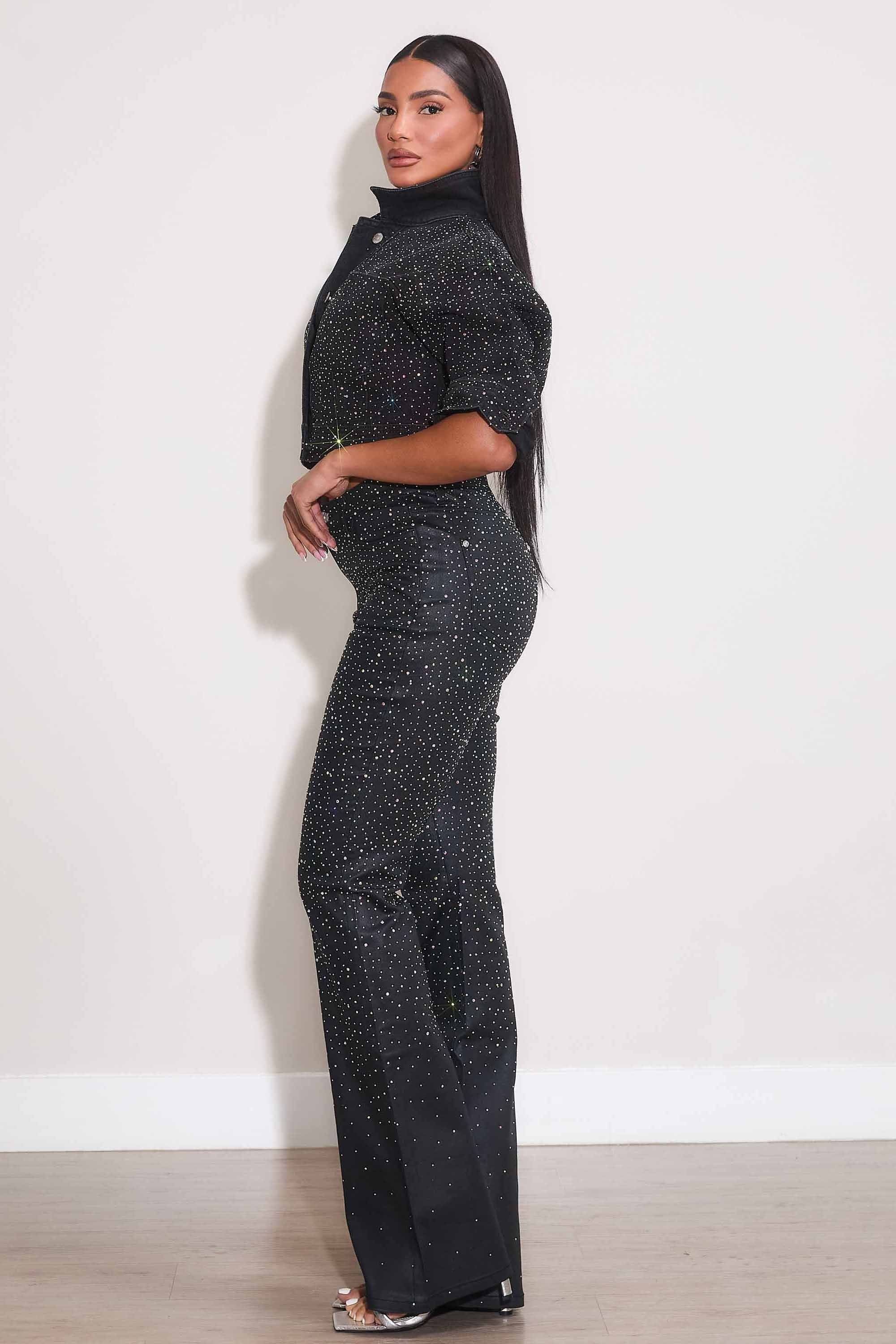 Iridescent Rhinestone Bootcut Coated Pants – Vibrant miu