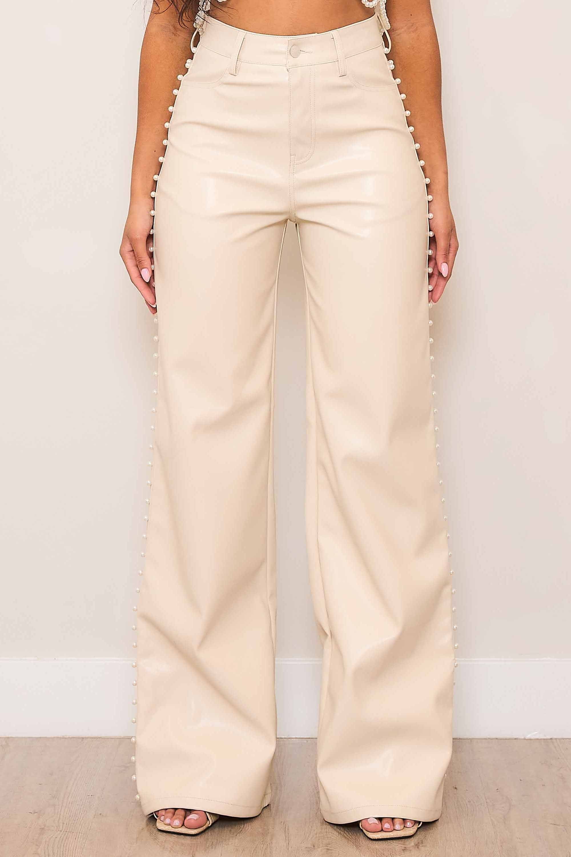 Vegan Leather Wide Leg Pants With Pearl – Vibrant miu