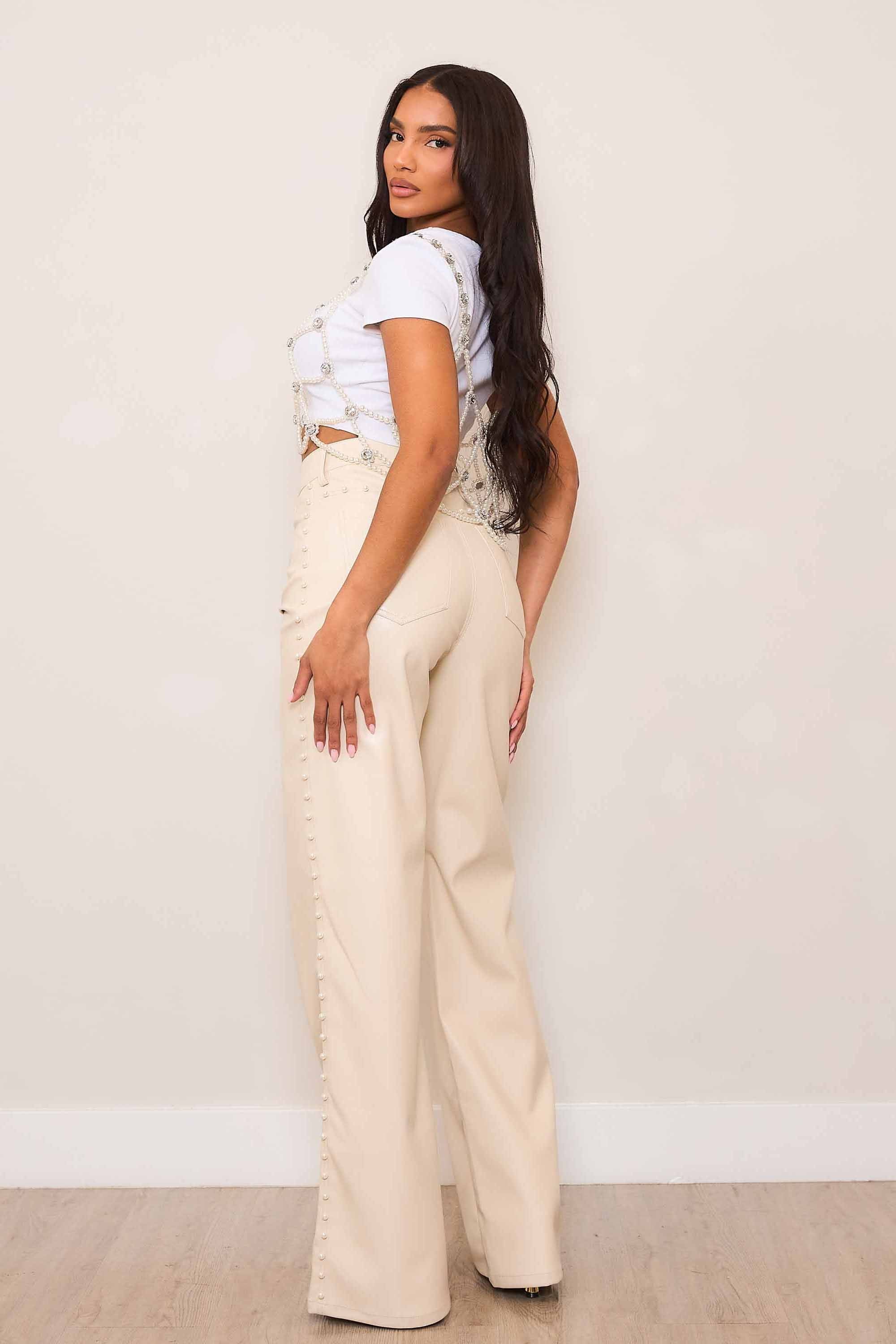 P6128] Vegan Leather Wide Leg Pants With Pearl – Vibrant miu