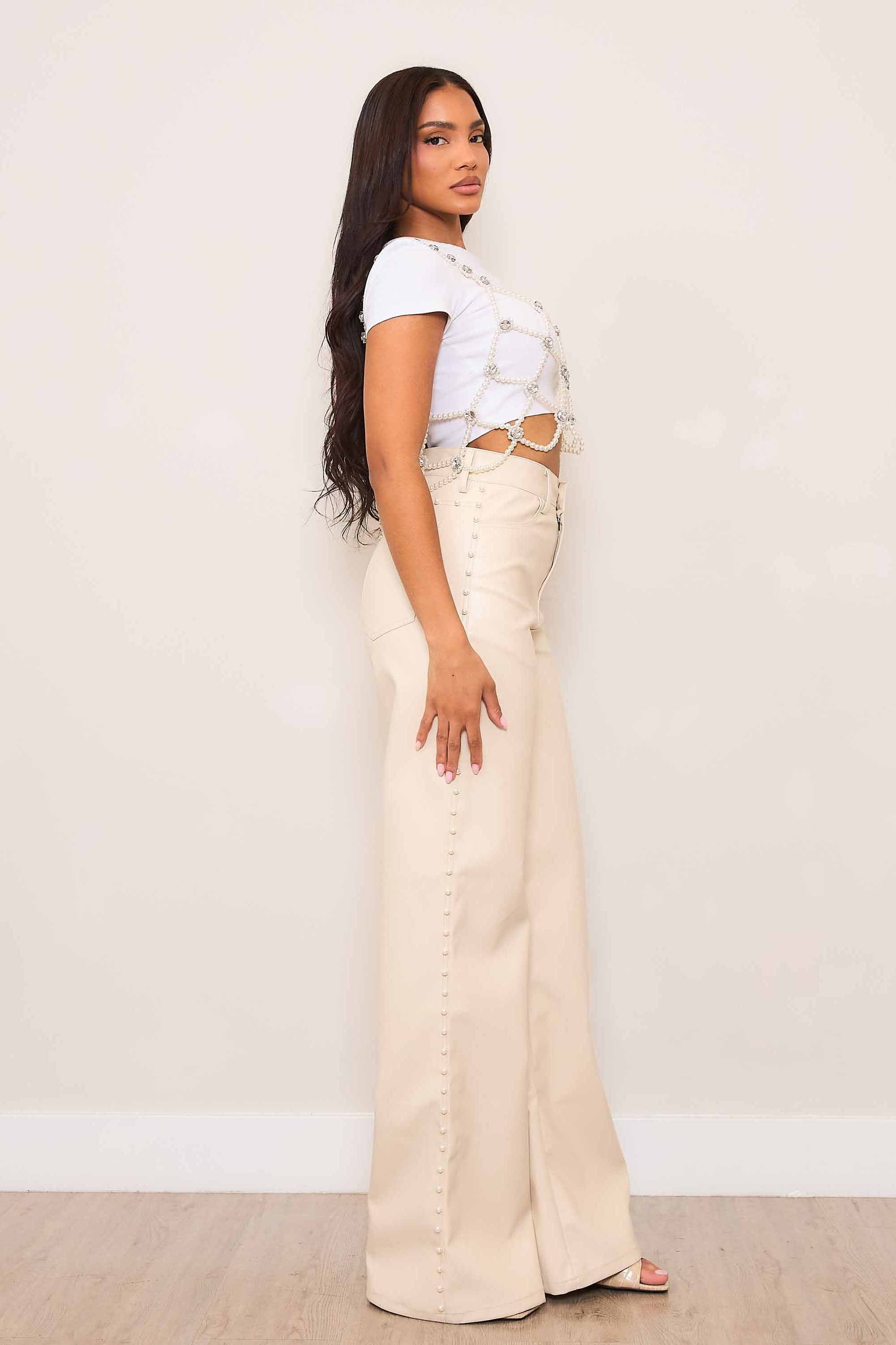 ま*と様 VIRGOwearworks Photogenic pants P6128] Vegan Leather Wide Leg Pants With Pearl – Vibrant miu