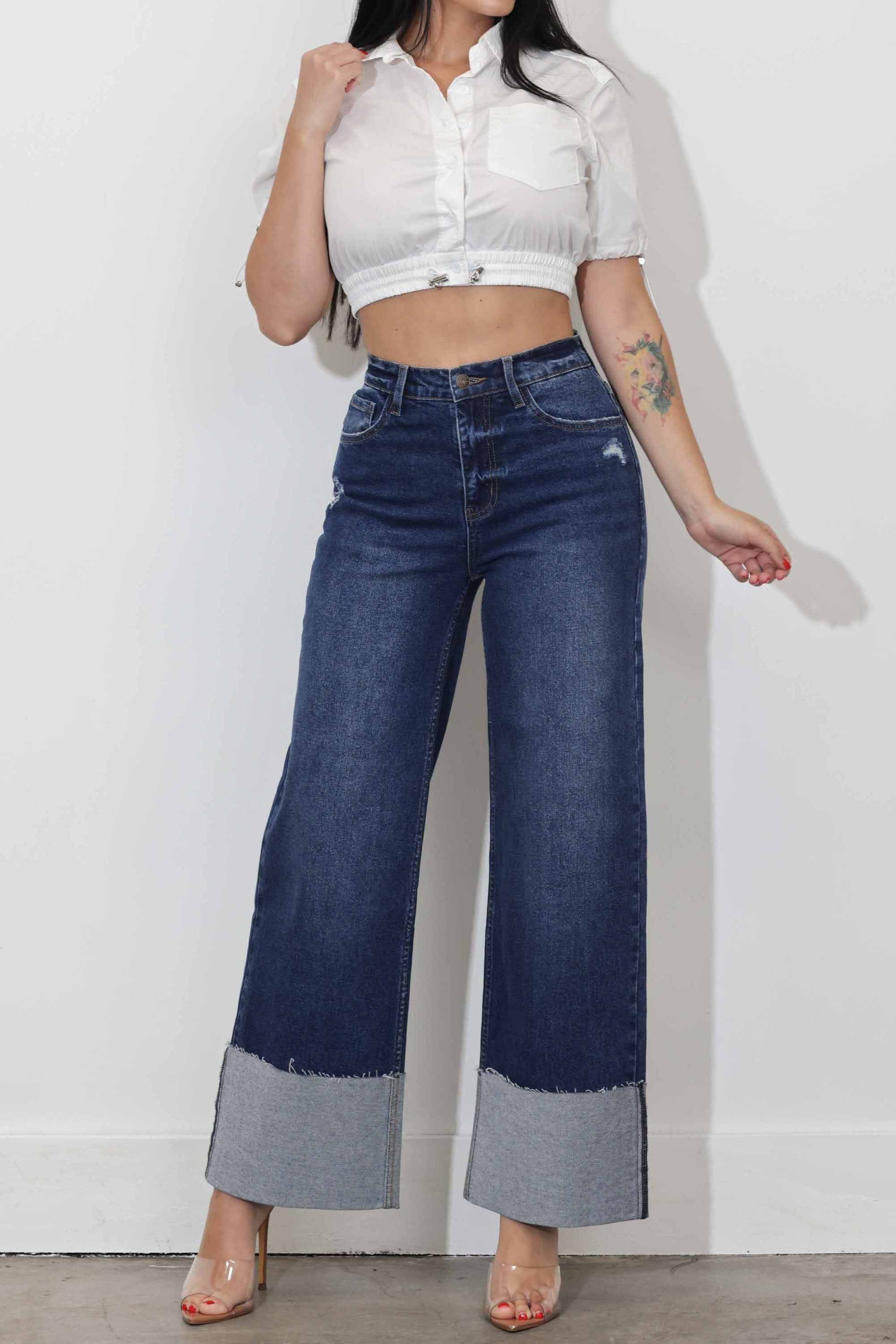 P6180] Cuff Up Wide Leg Jeans – Vibrant miu