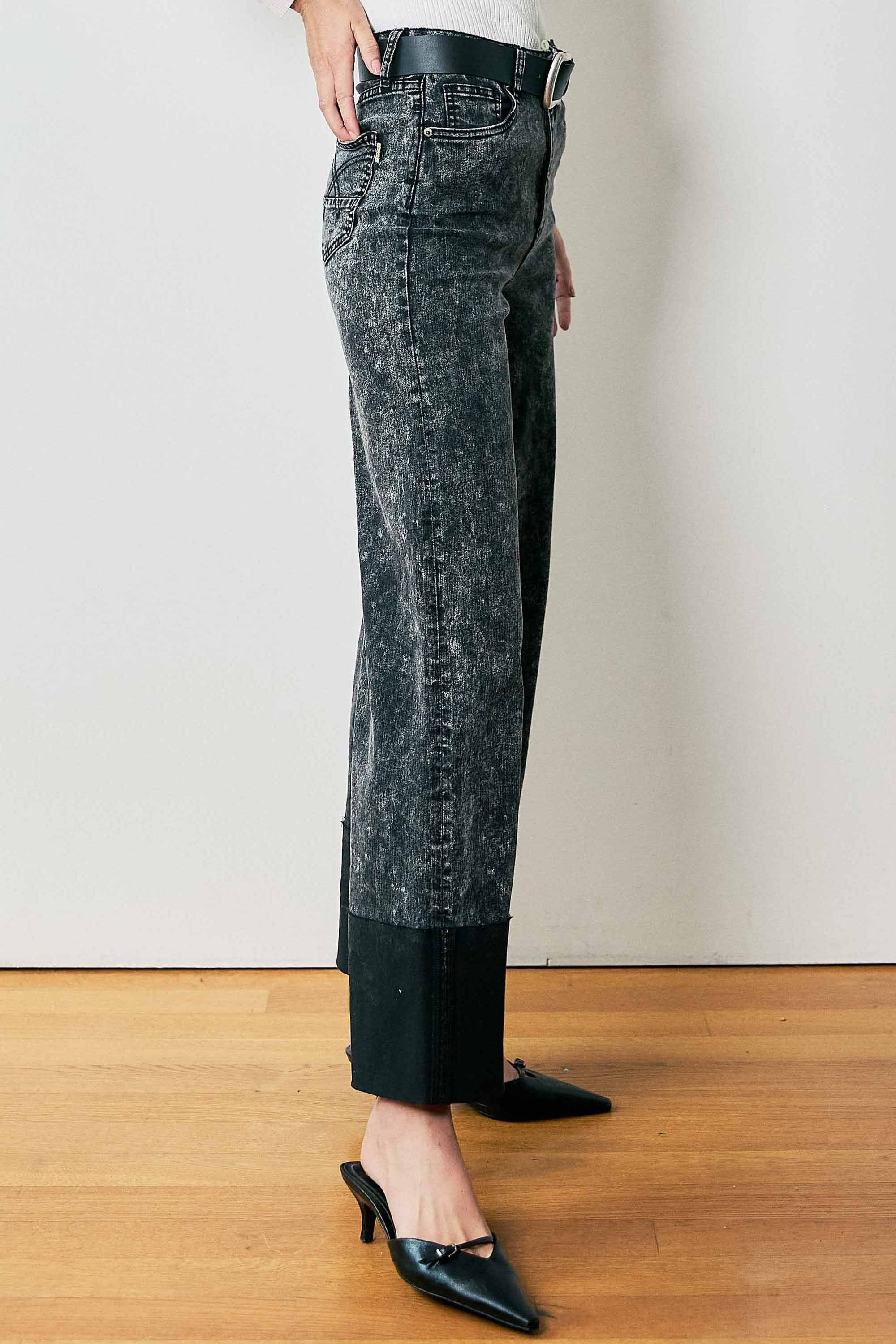 P6302] High-Rise Stone Wash Cuff Fold Wide Leg Jeans – Vibrant miu