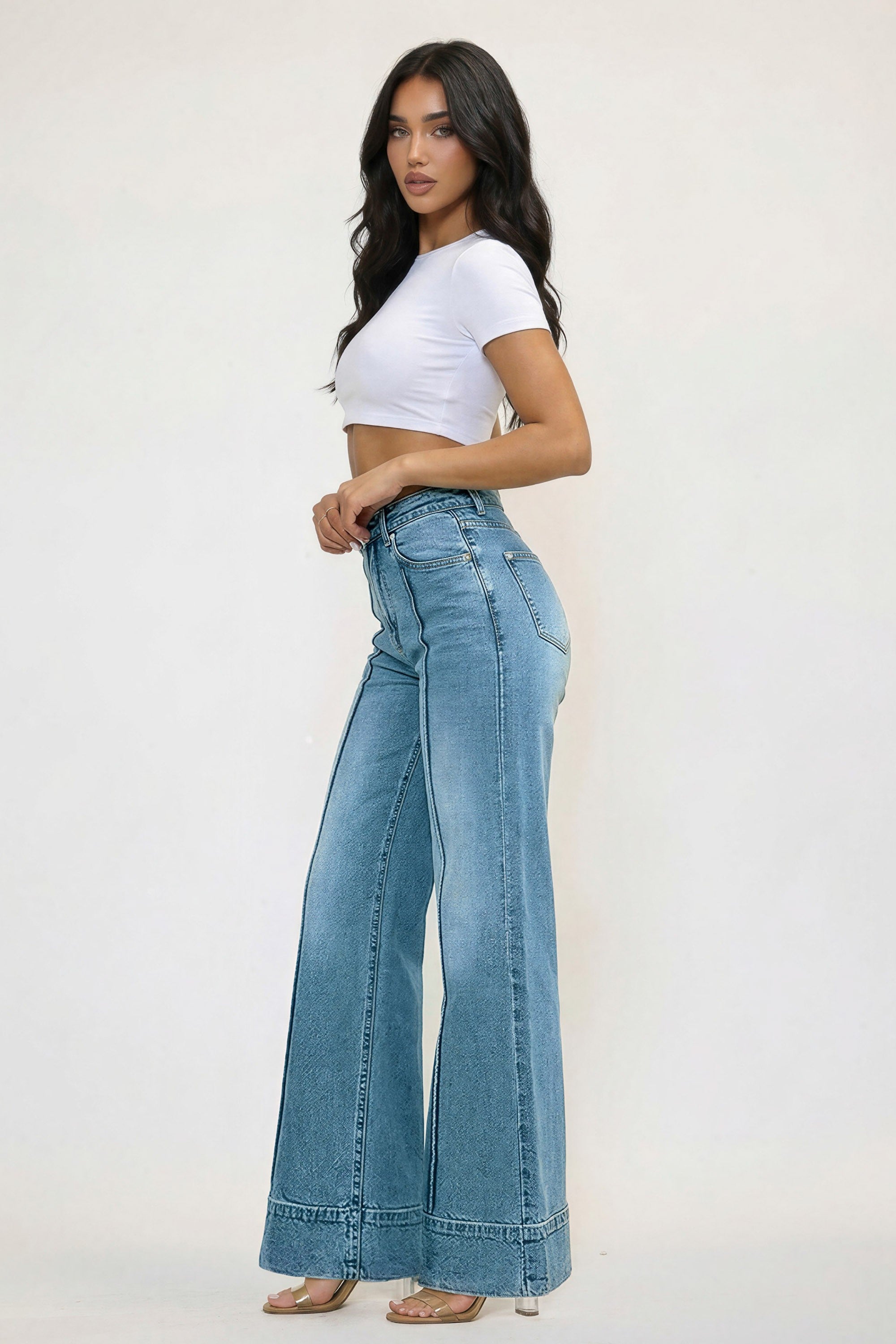6/3まで Thicker bottoms peacock blue サイズ4 P6277] Wide Leg Jeans With Center Release Pintuck – Vibrant miu