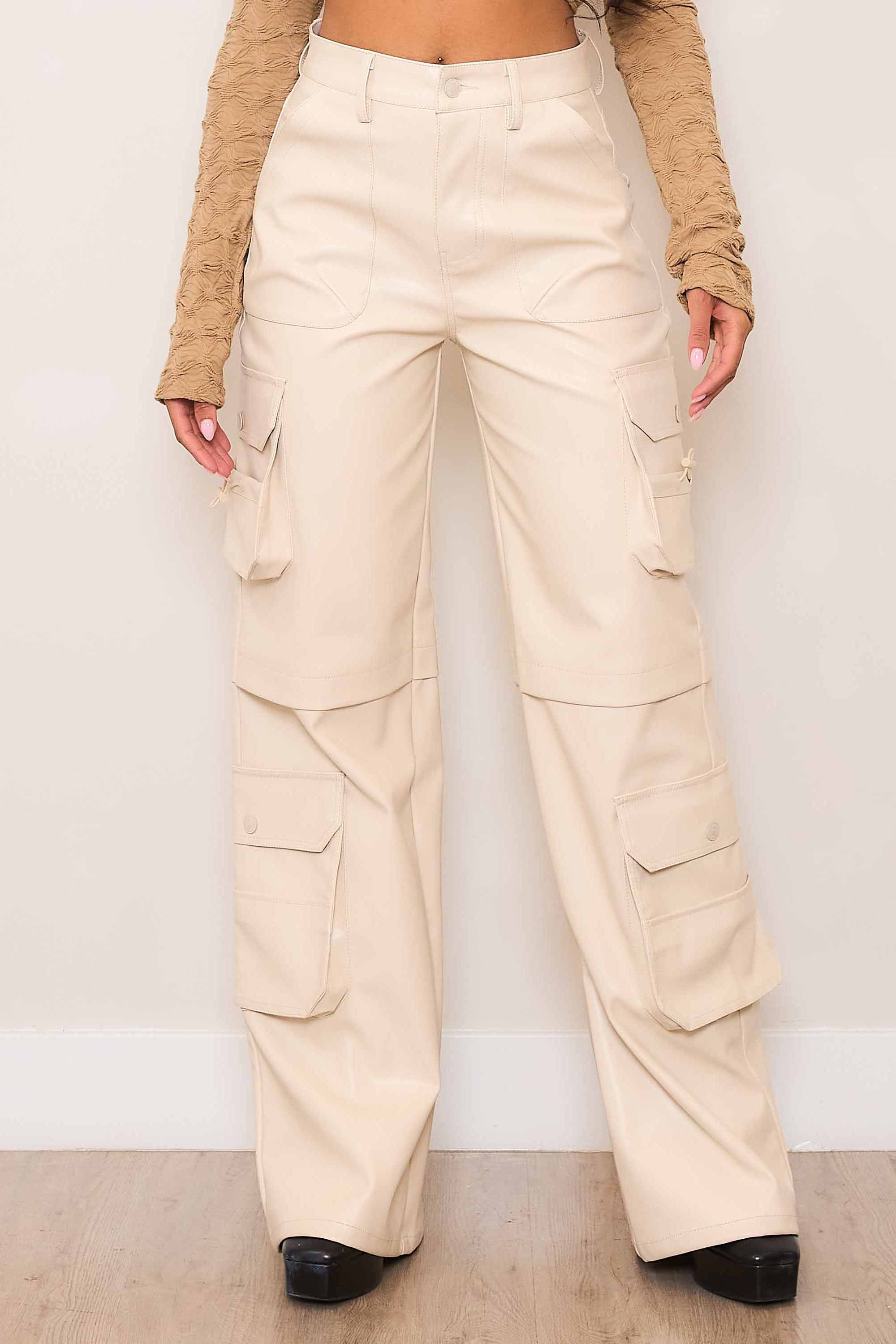 P6117] Vegan Leather Wide Fit Cargo Pants – Vibrant miu