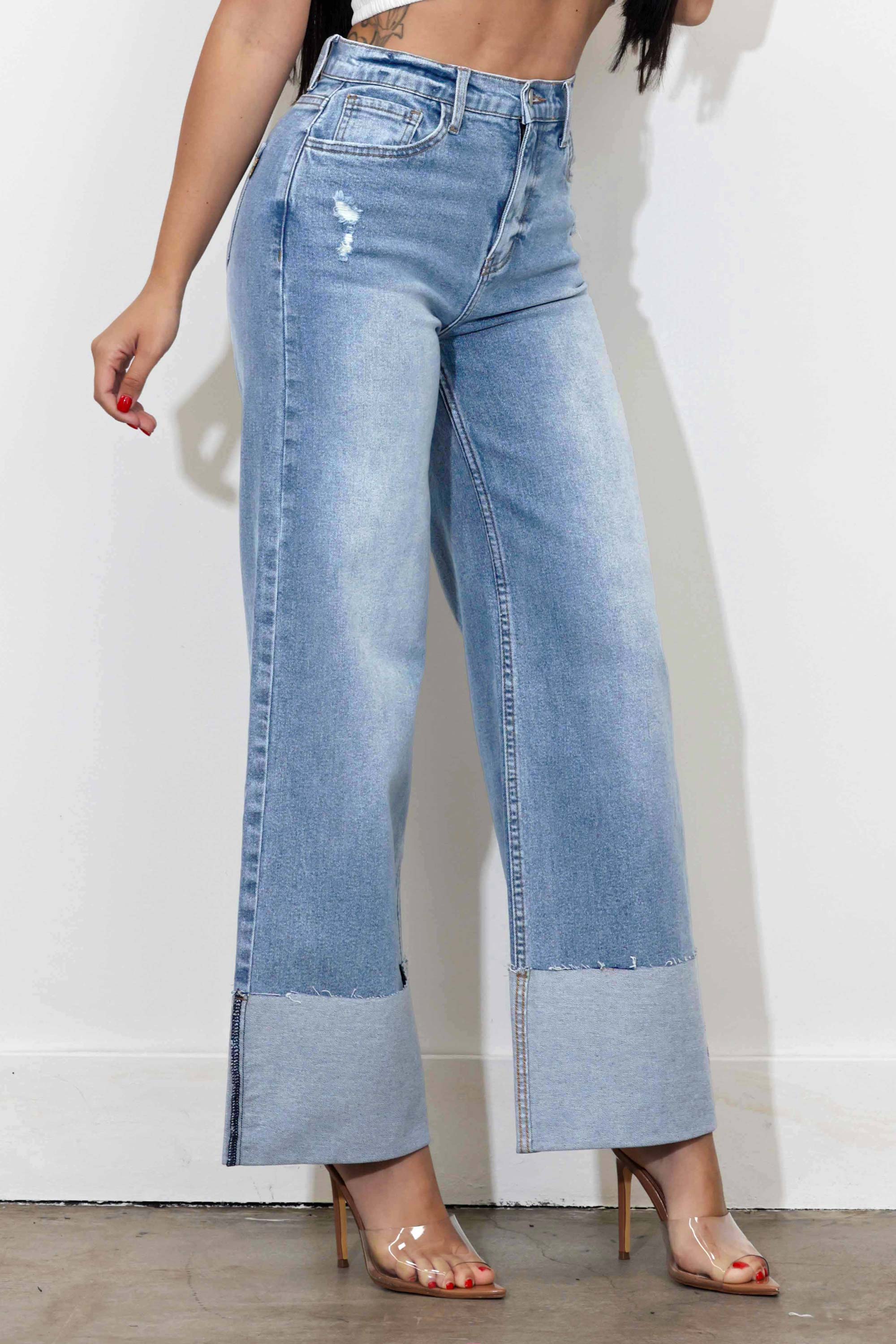 P6180] Cuff Up Wide Leg Jeans – Vibrant miu