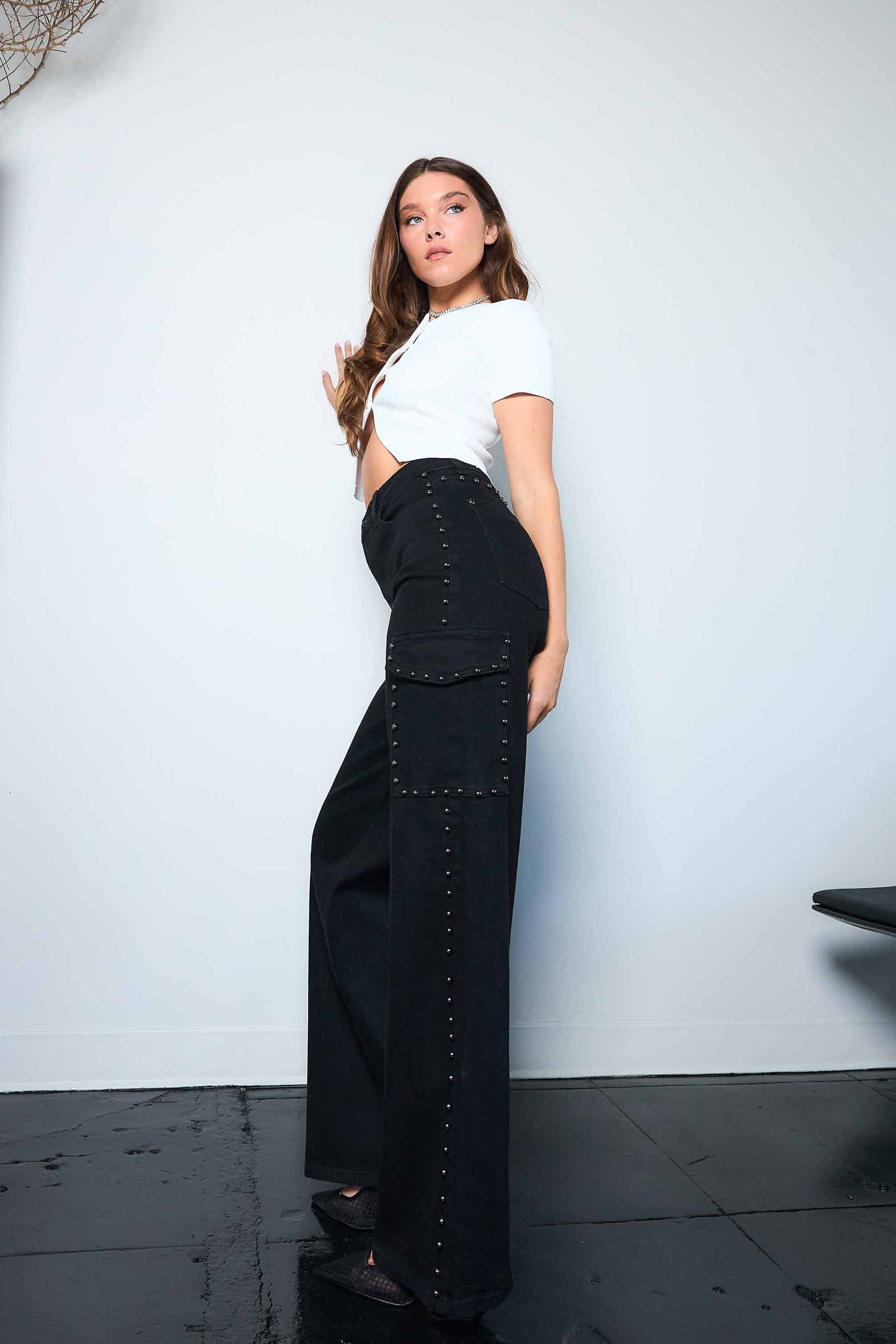 XPT264] Pearl High-Rise Wide Leg Cargo Jeans – Vibrant miu