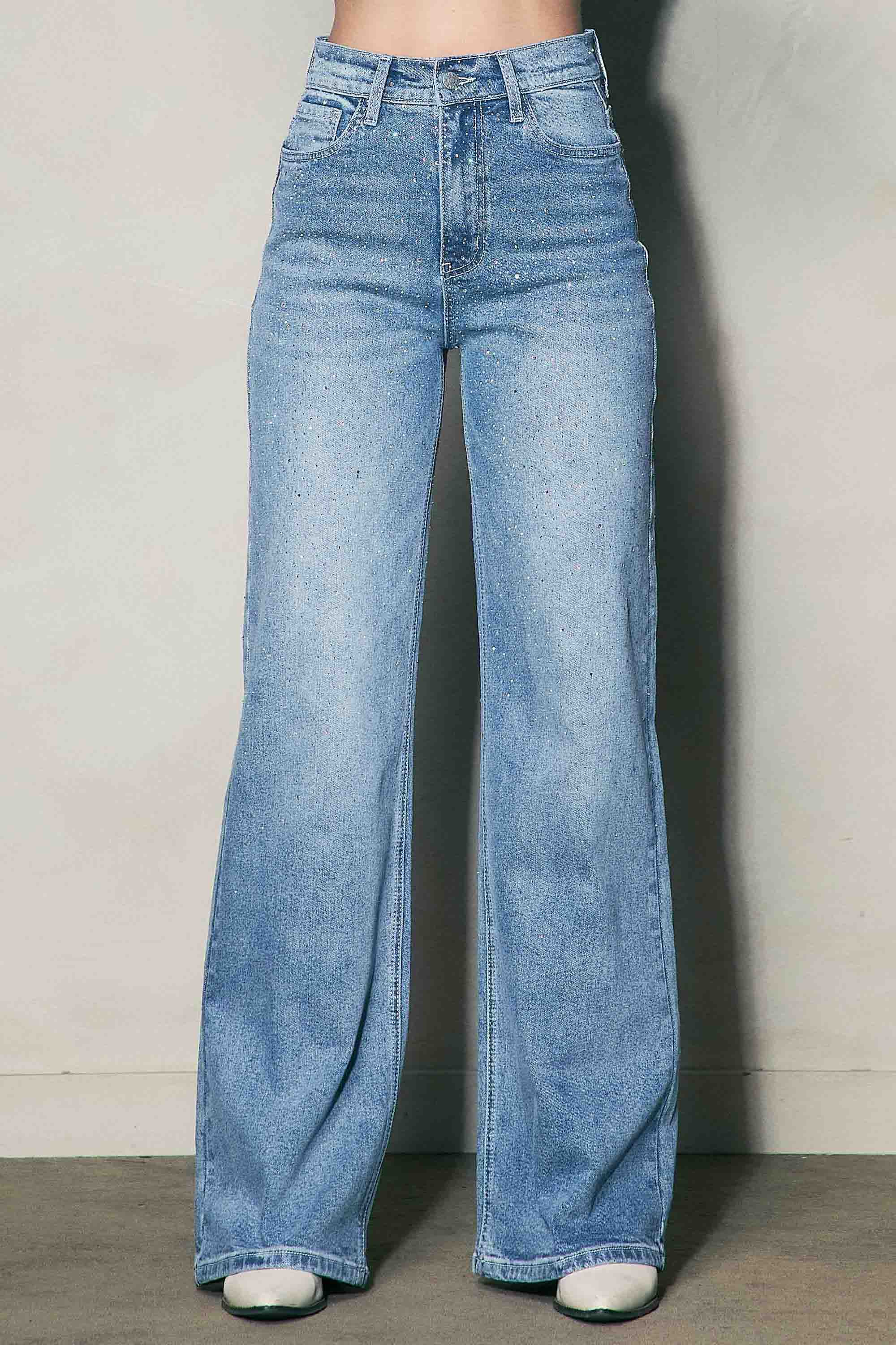 XPT302-R] Iridescent Rhinestone High-Rise Wide Leg Jeans – Vibrant miu