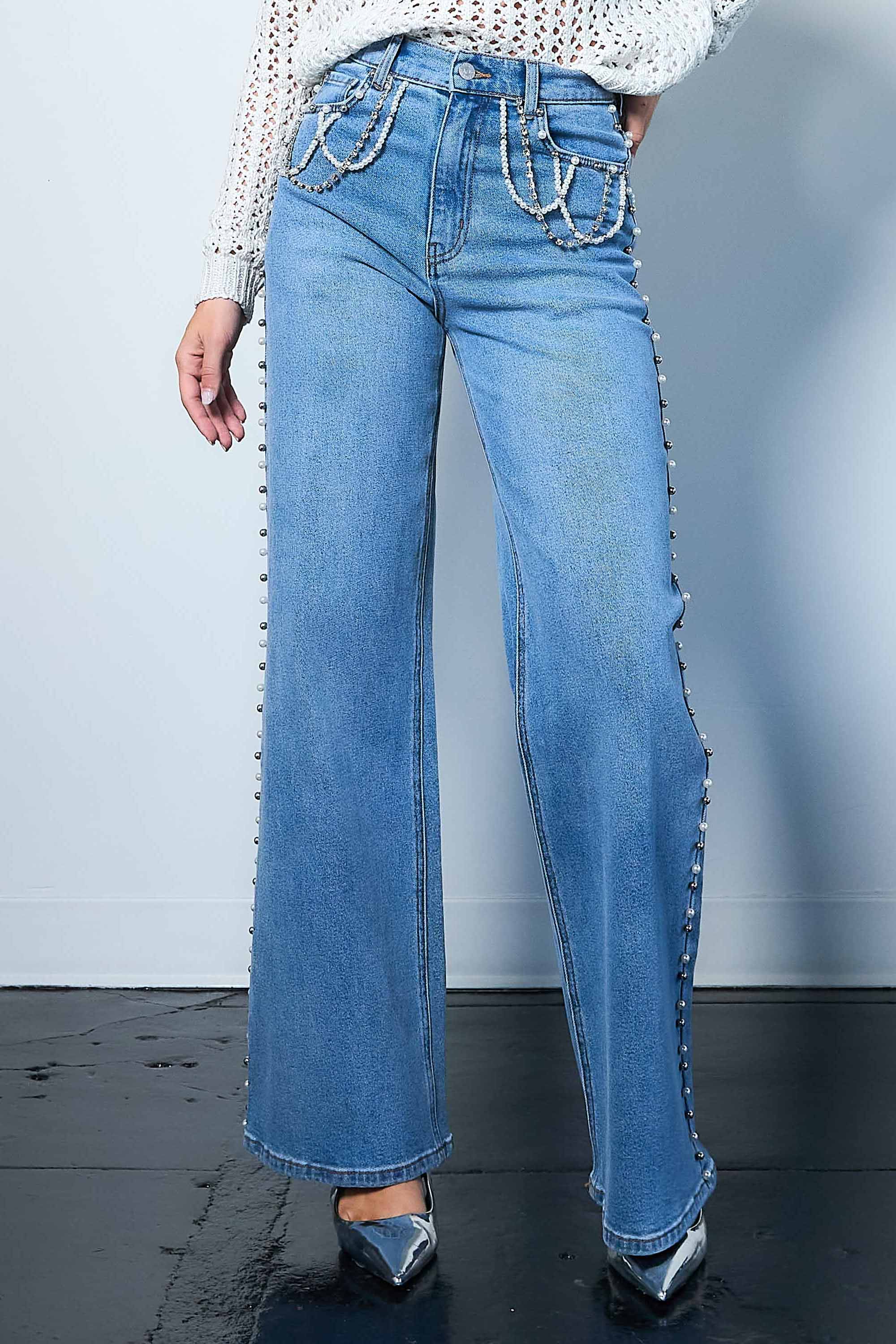 Tear Drop Rhinestone Wide Leg Jeans – Vibrant miu