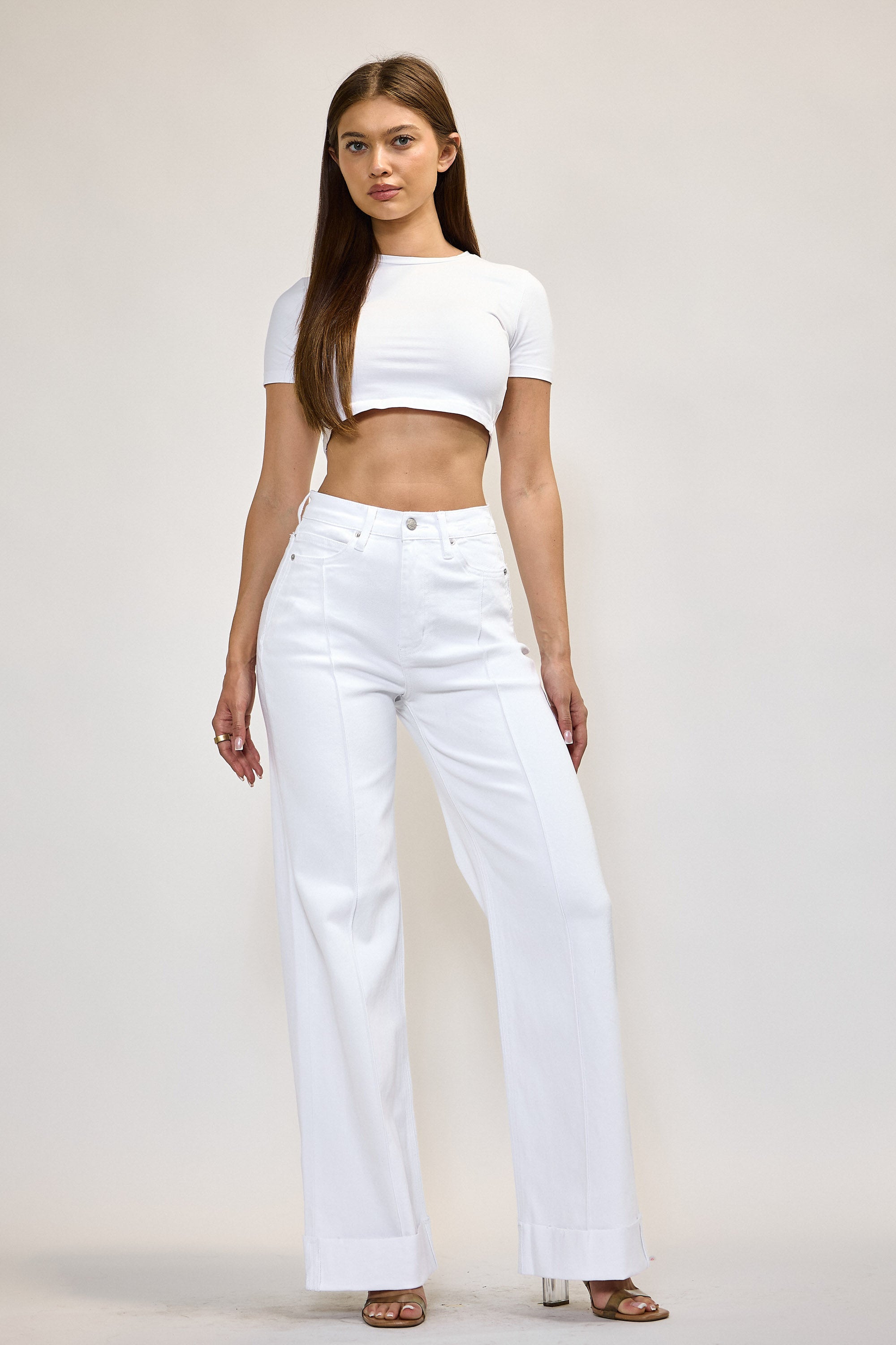 【値下げ可能】jentlouis Bicolor Semi-FlareDenim XPT352] Folded Hem Wide Leg Jeans – Vibrant miu