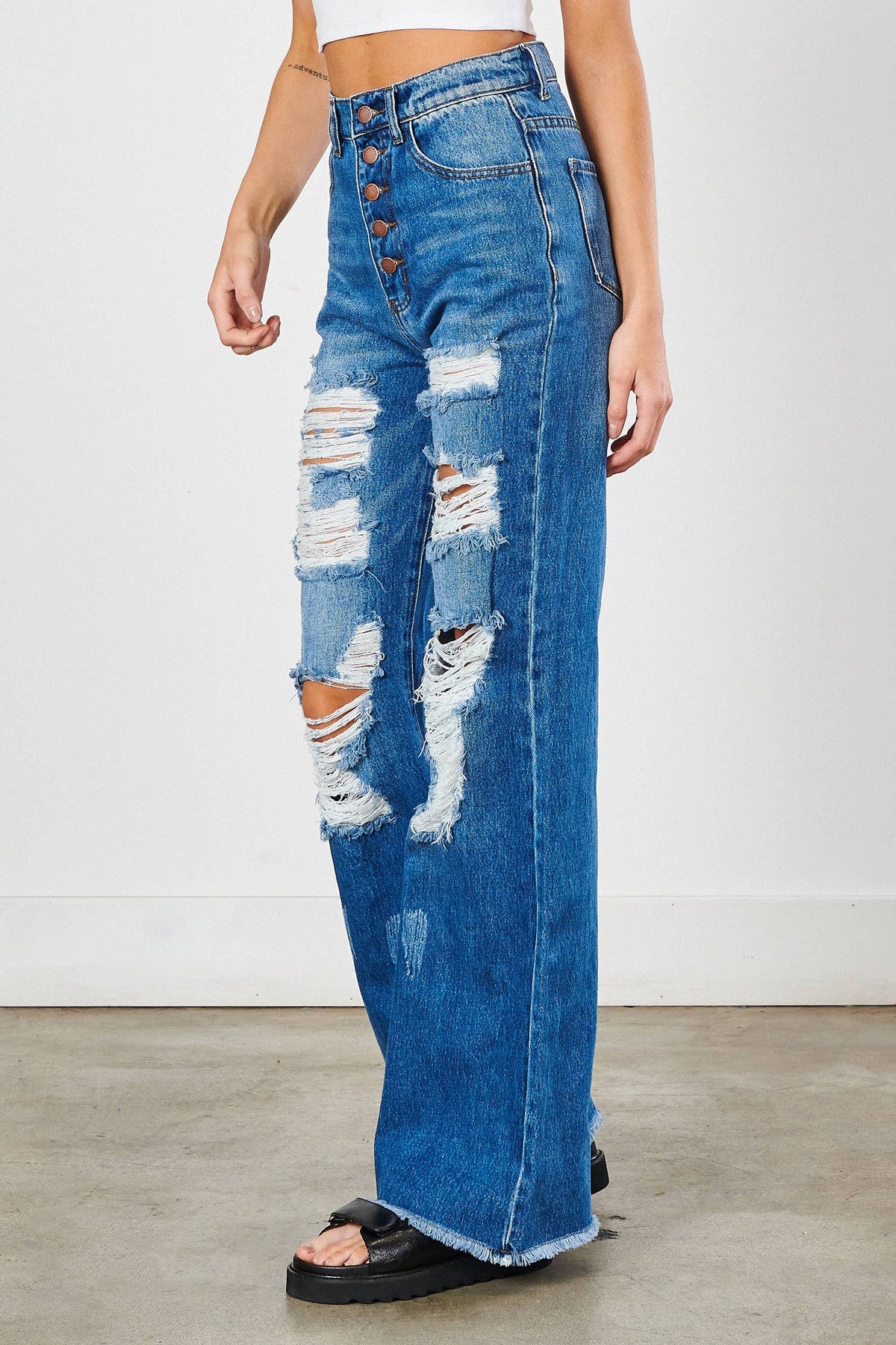 Ripped Hem Buttons Wide Leg Jeans – Vibrant miu - Main Image